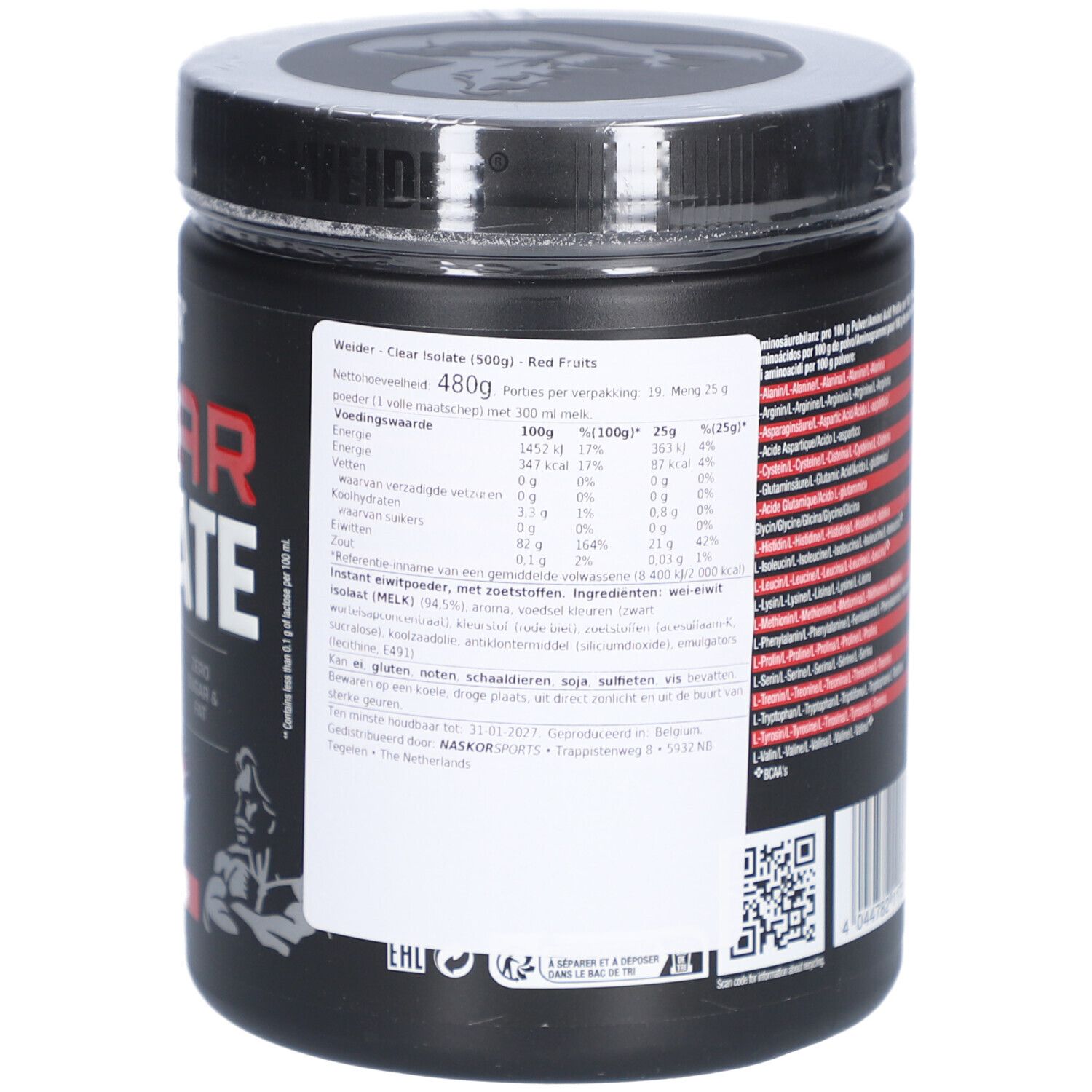 Rückseite der schwarzen Dose. Nährwertangaben. 480g. Marke WEIDER. Adresse des Herstellers.