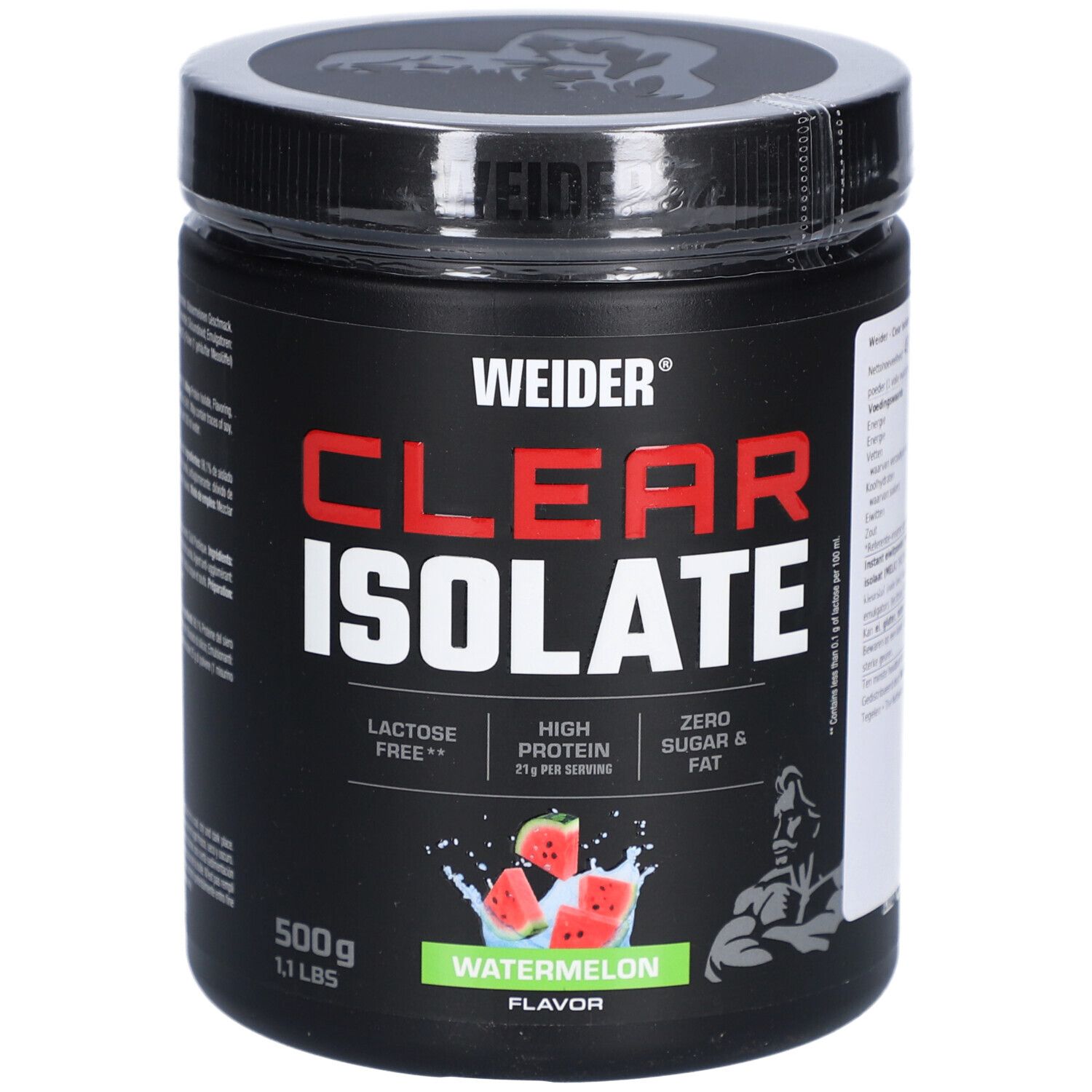 Schwarze Dose mit "WEIDER CLEAR ISOLATE"-Aufdruck. Wassermelonen-Geschmack. 500g, 1.1 lbs. Laktosefrei, hoher Proteingehalt.