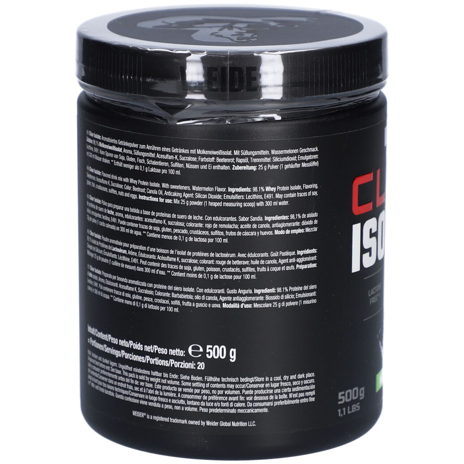 Rückseite der schwarzen Dose. Enthält Informationen zu Inhaltsstoffen, Nährwerten und Gebrauchsanweisung. 500g, 1.1 lbs.
