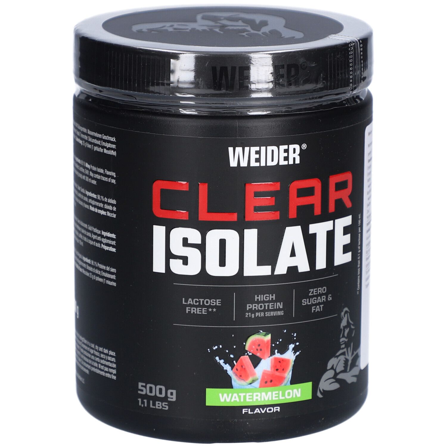 Schwarze Dose mit "WEIDER CLEAR ISOLATE"-Aufdruck. Wassermelonen-Geschmack. 500g, 1.1 lbs. Laktosefrei, hoher Proteingehalt.