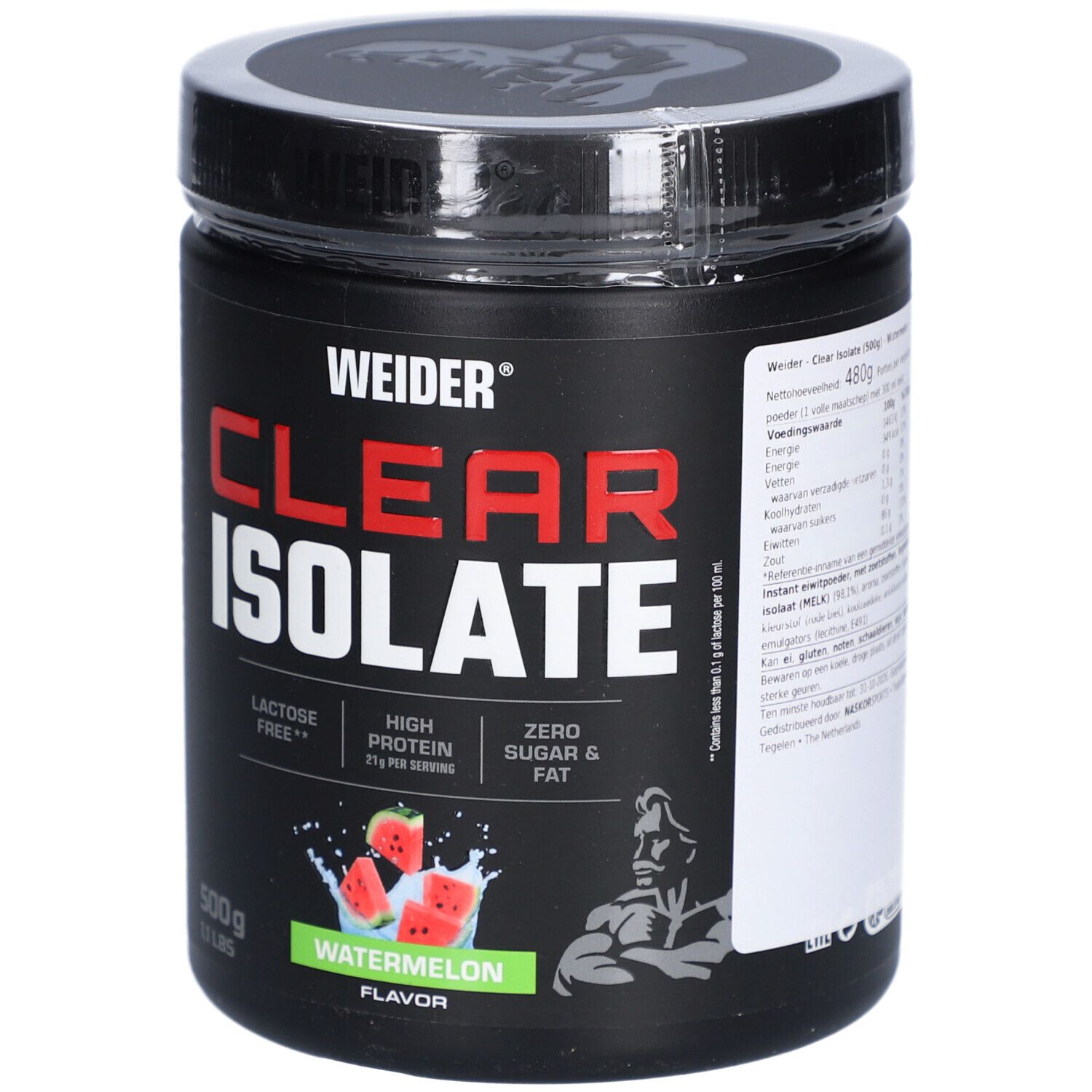 Schwarze Dose mit "WEIDER CLEAR ISOLATE"-Aufdruck. Wassermelonen-Geschmack. 500g, 1.1 lbs. Laktosefrei, hoher Proteingehalt.