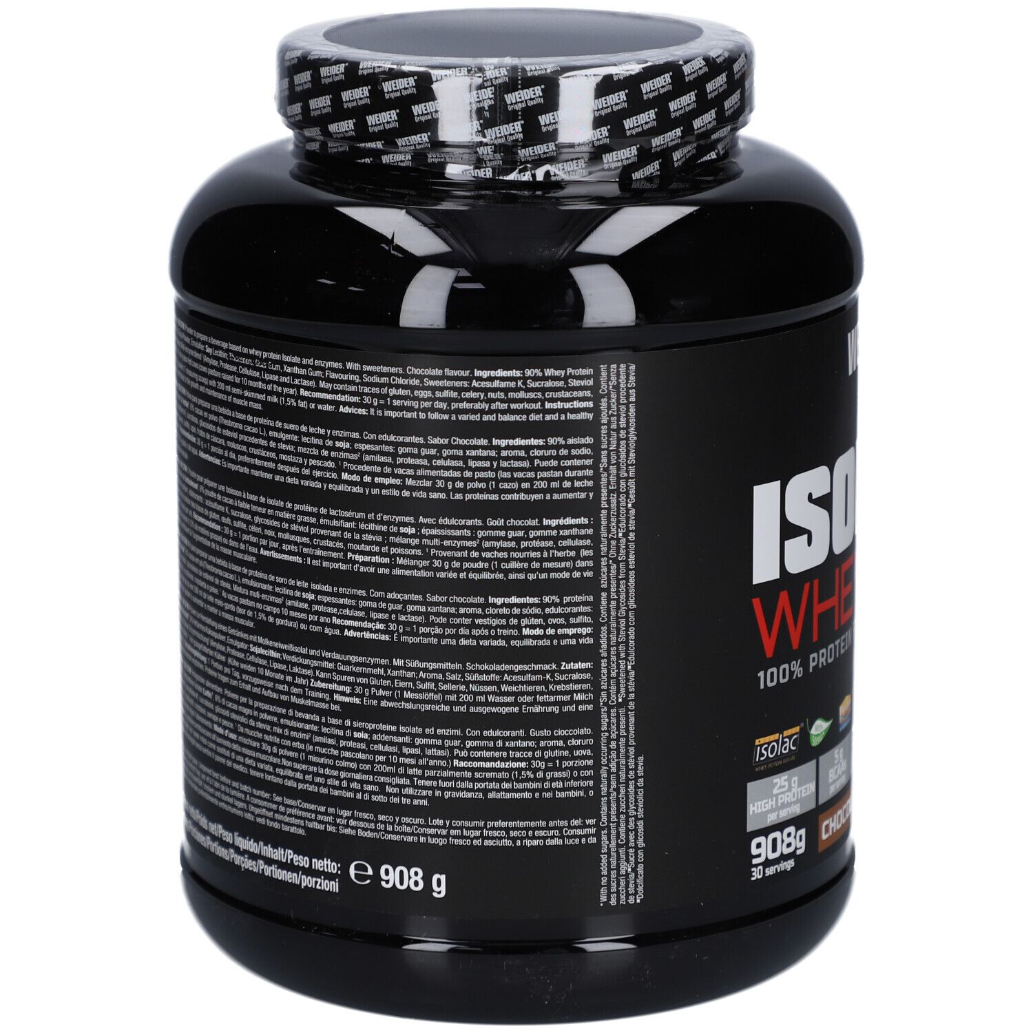 Schwarze Dose mit Text. Enthält Informationen zu Inhaltsstoffen, Nährwerten und Hersteller. EAN-Code und Gewicht 908 g.