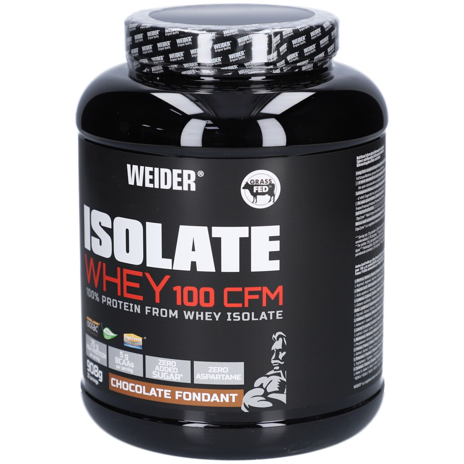 Schwarze Dose mit Aufschrift ISOLATE WHEY 100 CFM, 908g, Geschmacksrichtung Chocolate Fondant. Marke Weider.