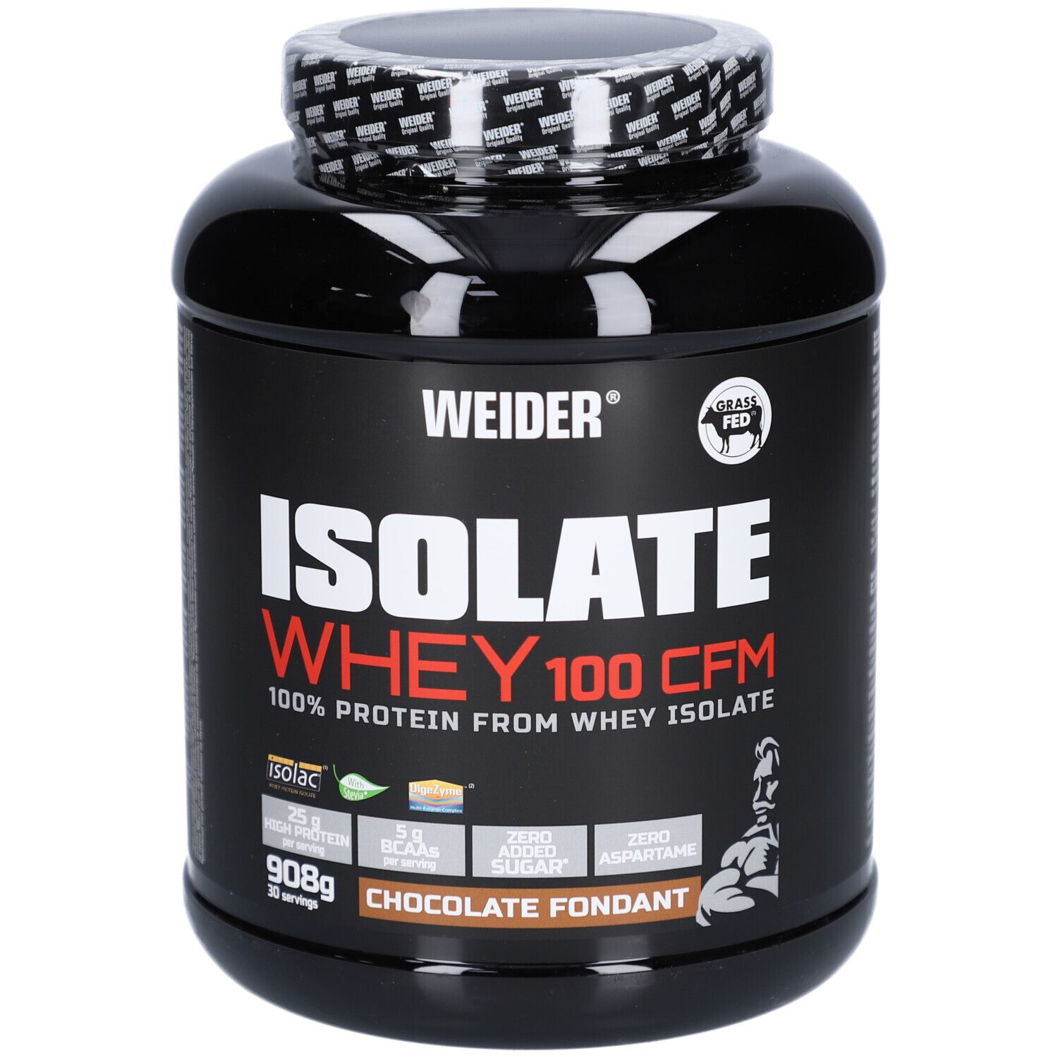 Schwarze Dose mit Aufschrift ISOLATE WHEY 100 CFM, 908g, Geschmacksrichtung Chocolate Fondant. Marke Weider.