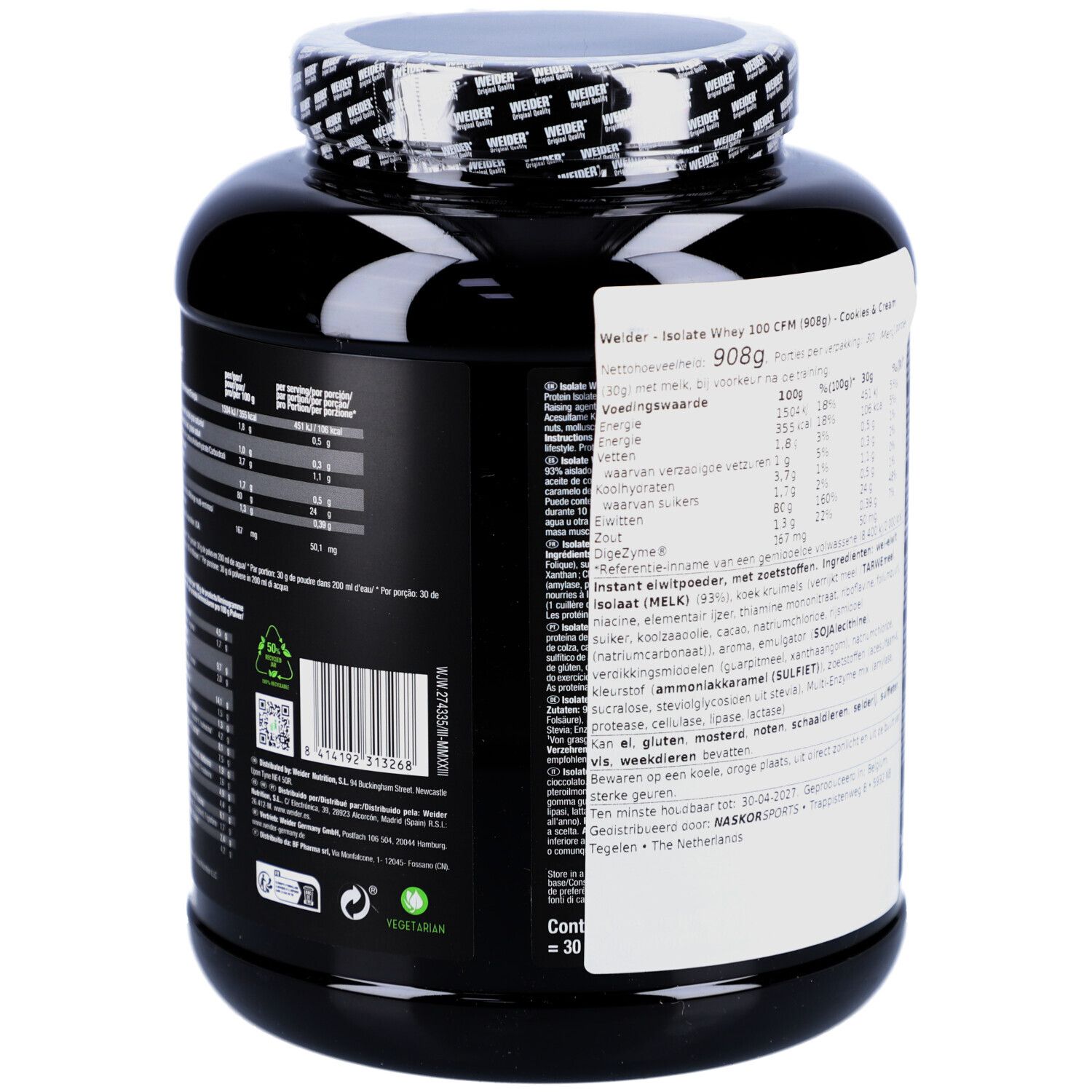 Schwarze Dose mit weißem Deckel. Rückseite mit Nährwertangaben und Zutaten. Enthält 908g.