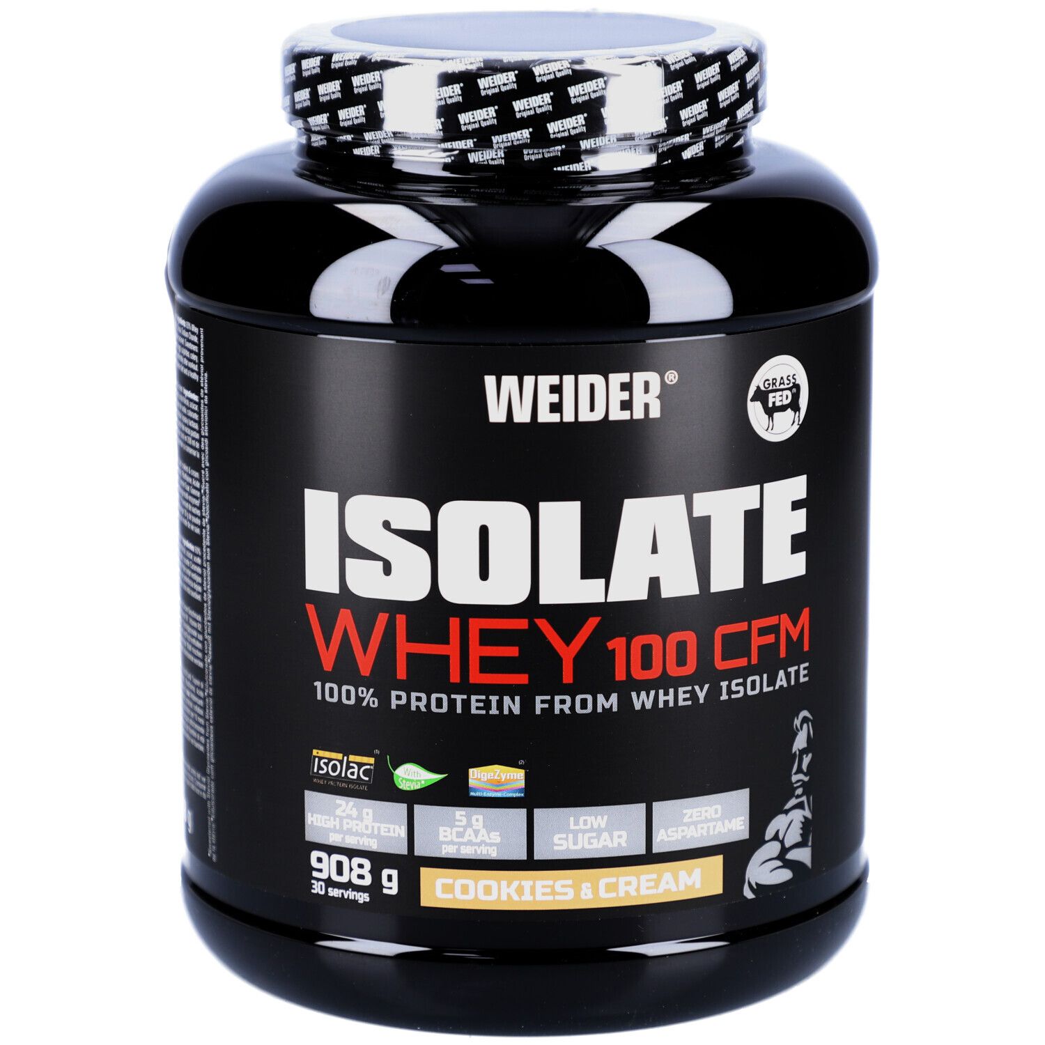 Schwarze Dose mit weißem Deckel. Aufschrift: WEIDER ISOLATE WHEY 100 CFM. Geschmack: Cookies & Cream. Enthält 908g.