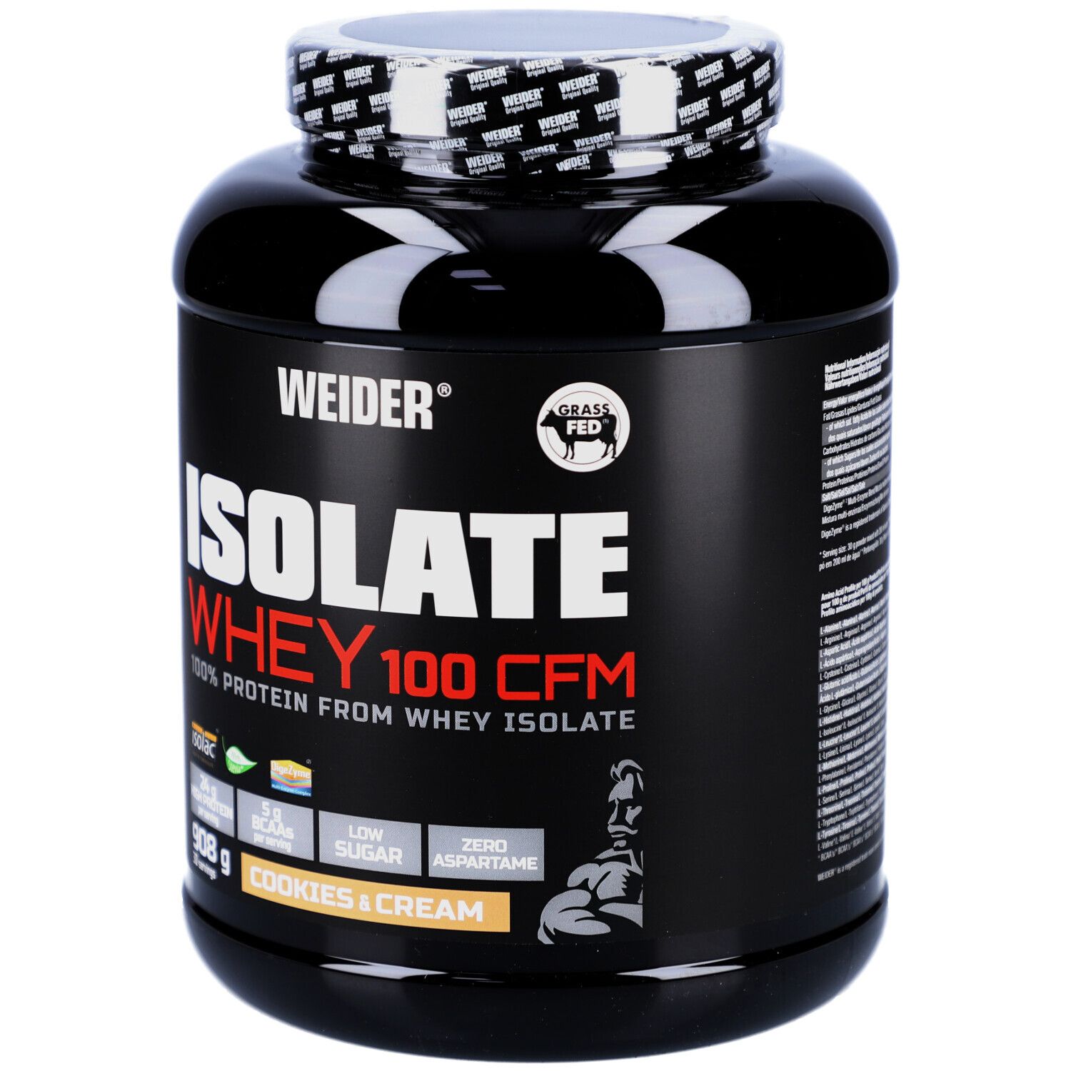 Schwarze Dose mit weißem Deckel. Aufschrift: WEIDER ISOLATE WHEY 100 CFM. Geschmack: Cookies & Cream. Enthält 908g.