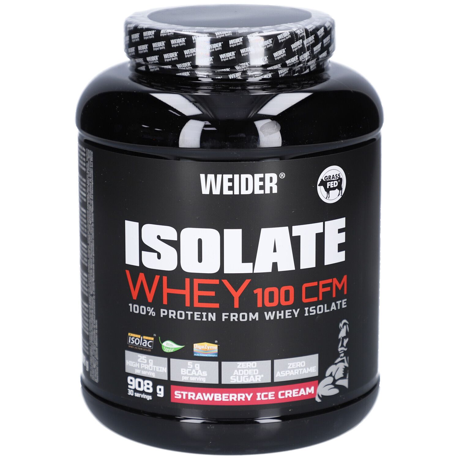 Schwarze Dose mit Weider Isolate Whey 100 CFM. Aufschrift: 100% Protein, Erdbeereis. 908g, 30 Portionen. Gras gefüttert.