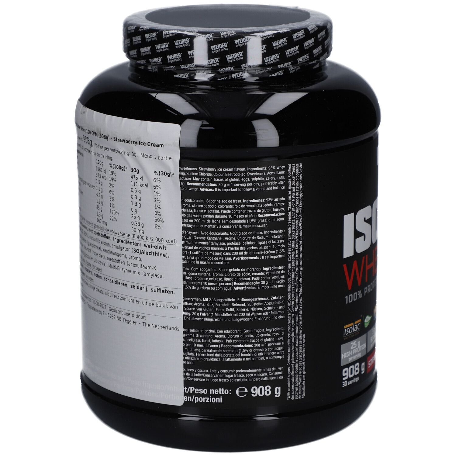 Rückseite der schwarzen Dose Weider Isolate Whey 100 CFM. Enthält Nährwertangaben und Zutatenliste. 908g, 30 Portionen.