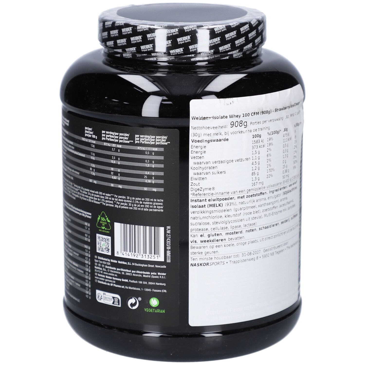 Rückseite der schwarzen Dose Weider Isolate Whey 100 CFM. Enthält Nährwertangaben und Zutatenliste. Vegetarisches Logo.
