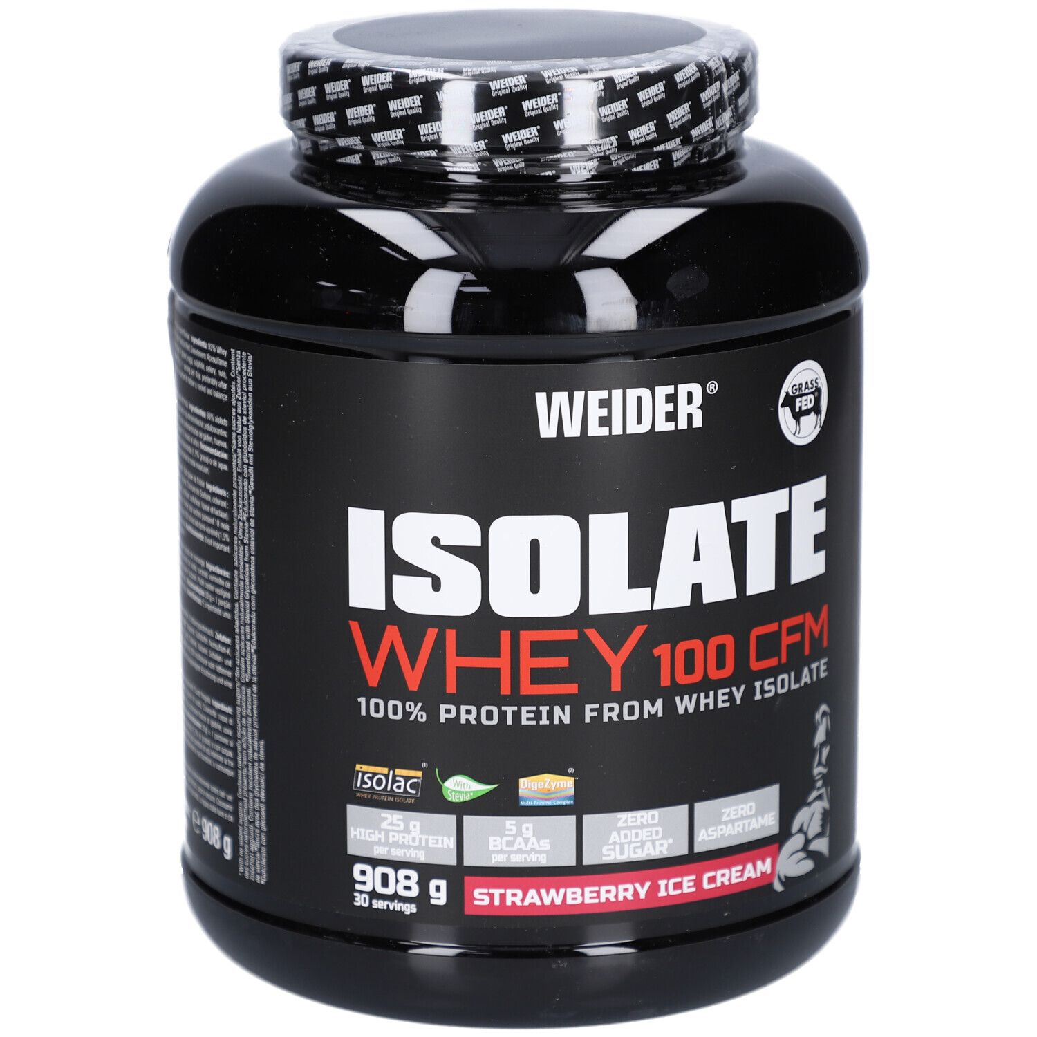 Schwarze Dose Weider Isolate Whey 100 CFM. Aufschrift: 100% Protein, Erdbeereis. 908g, 30 Portionen. Gras gefüttert.