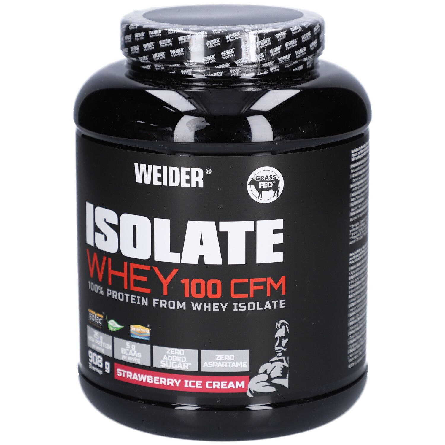 Schwarze Dose Weider Isolate Whey 100 CFM. Aufschrift: 100% Protein, Erdbeereis. 908g, 30 Portionen. Gras gefüttert.