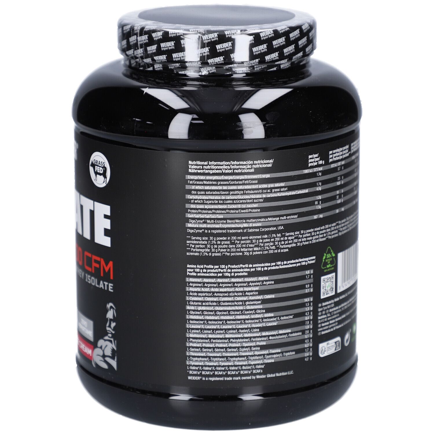 Rückseite der schwarzen Dose Weider Isolate Whey 100 CFM. Enthält Nährwertangaben und Zutatenliste. Gras gefüttert.