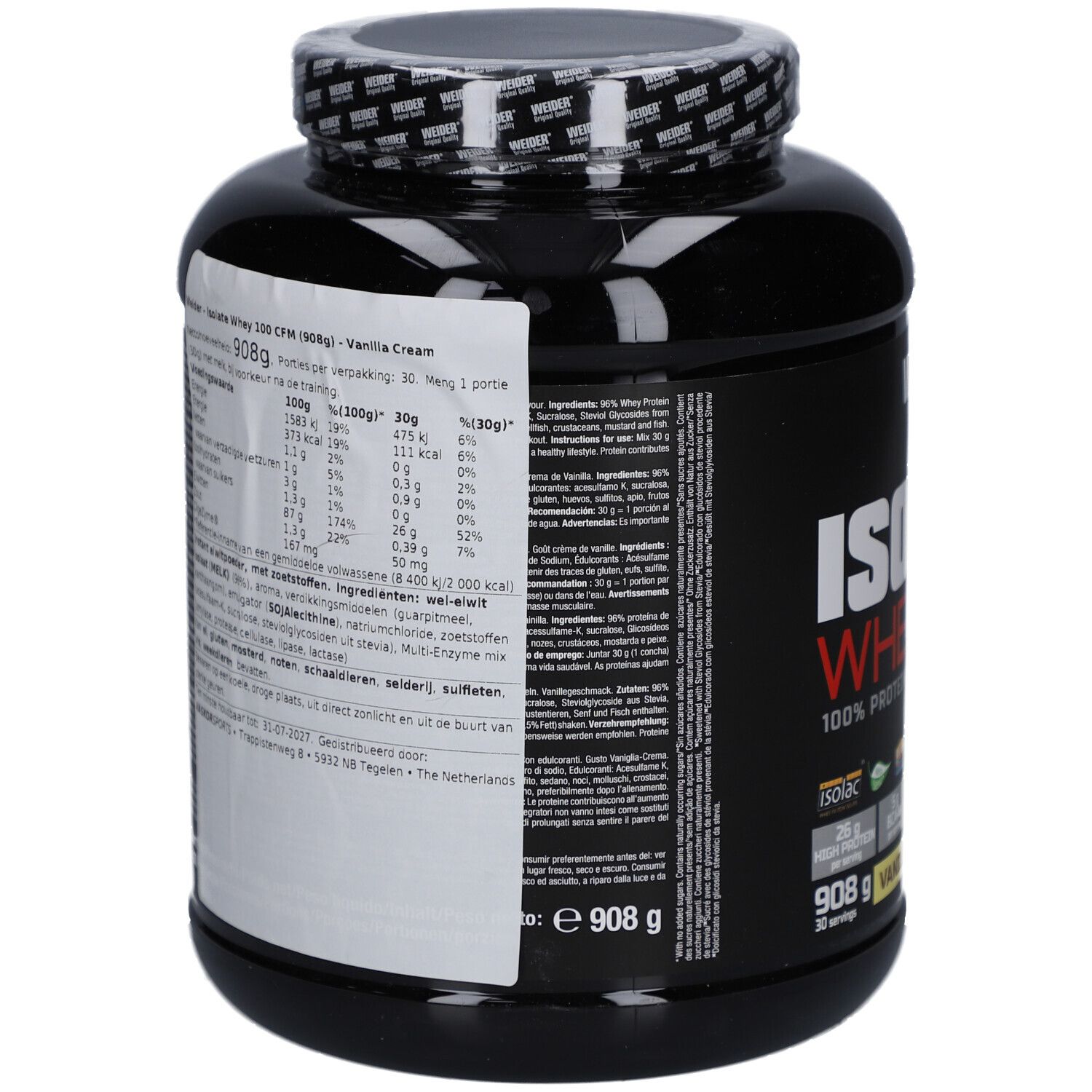 Schwarze Dose mit Nährwertangaben und Zutatenliste. Enthält 908g. Aufkleber mit Informationen in mehreren Sprachen.