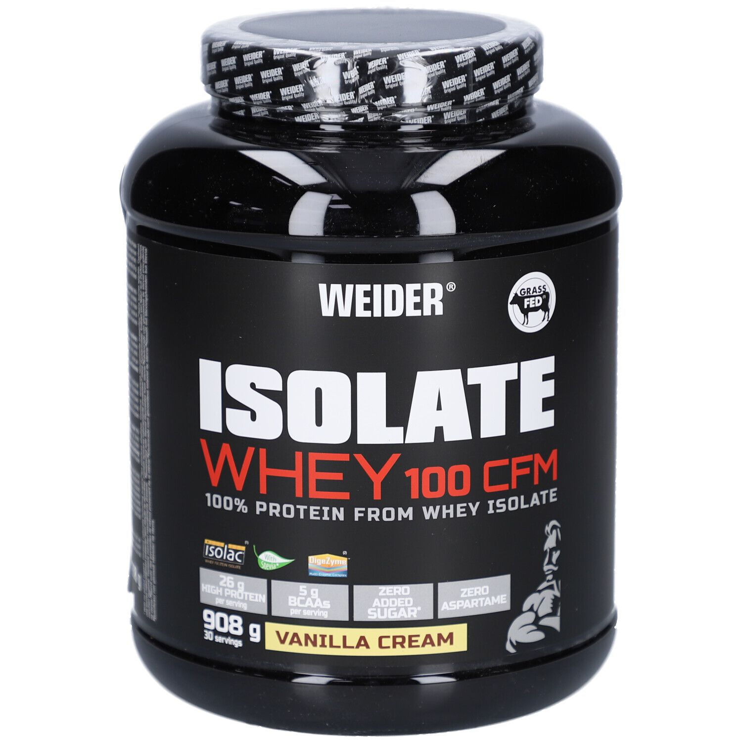 Schwarze Dose mit "WEIDER" und "ISOLATE WHEY 100 CFM" Aufdruck. Enthält 908g, Geschmacksrichtung Vanilla Cream. Mit Grass Fed Siegel.