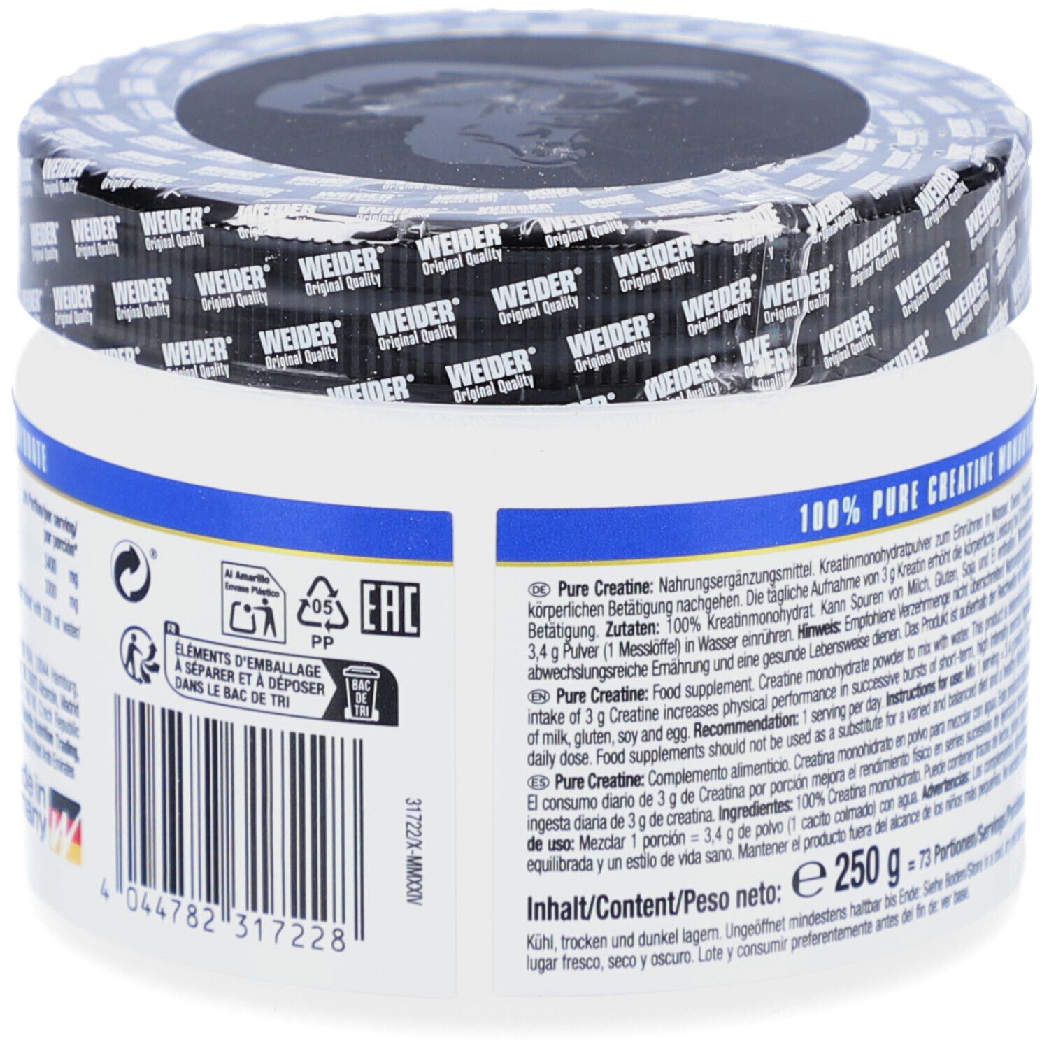 Rückseite der Weider Pure Creatine Dose (250g). Barcode, Recycling-Symbole und Informationen zur Entsorgung. Hergestellt in Deutschland.