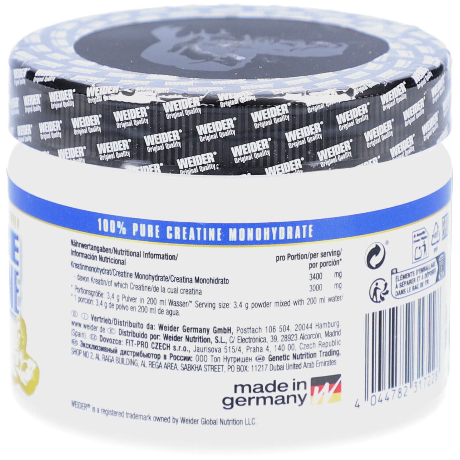 Rückseite der Weider Pure Creatine Dose (250g). Nährwertangaben, Dosierung und Herstellerinformationen. Hergestellt in Deutschland.