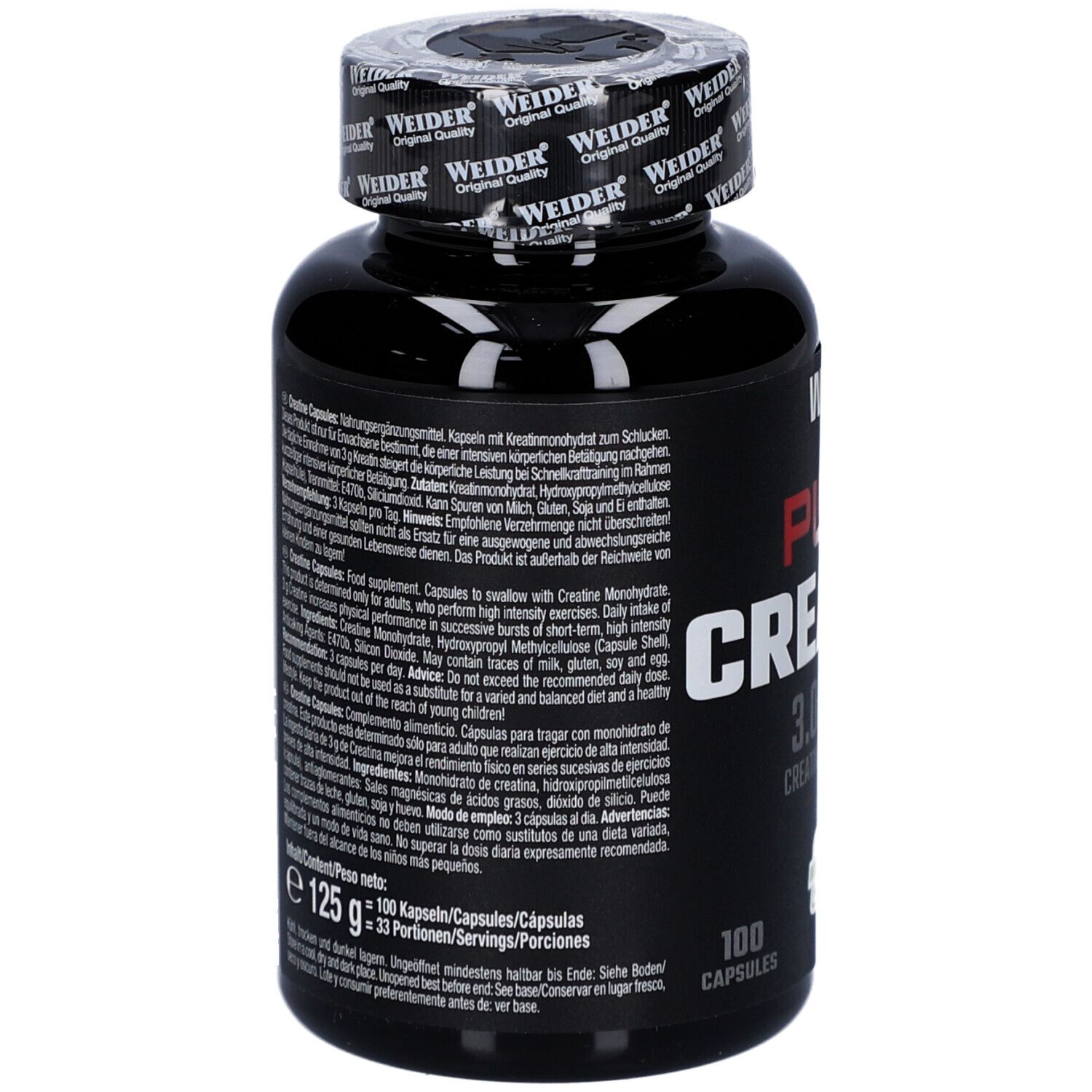 Schwarze Flasche mit Text. Aufschrift: WEIDER, PURE CREATINE. Enthält 100 Kapseln. Text in mehreren Sprachen.