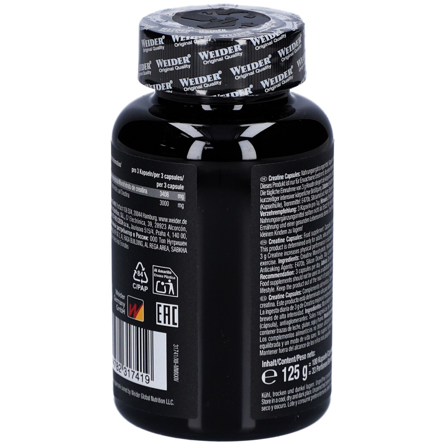 Schwarze Flasche mit Text und Barcode. Aufschrift: WEIDER, PURE CREATINE. 125 g. 100 Kapseln. Mehrere Logos.