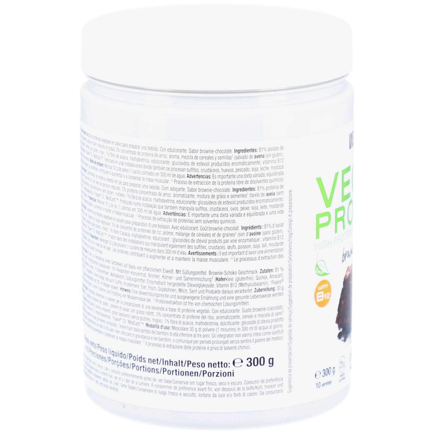 Rückseite der weißen Dose mit Vegan Protein. Text in mehreren Sprachen. Enthält Informationen zu Inhaltsstoffen und Nährwerten.