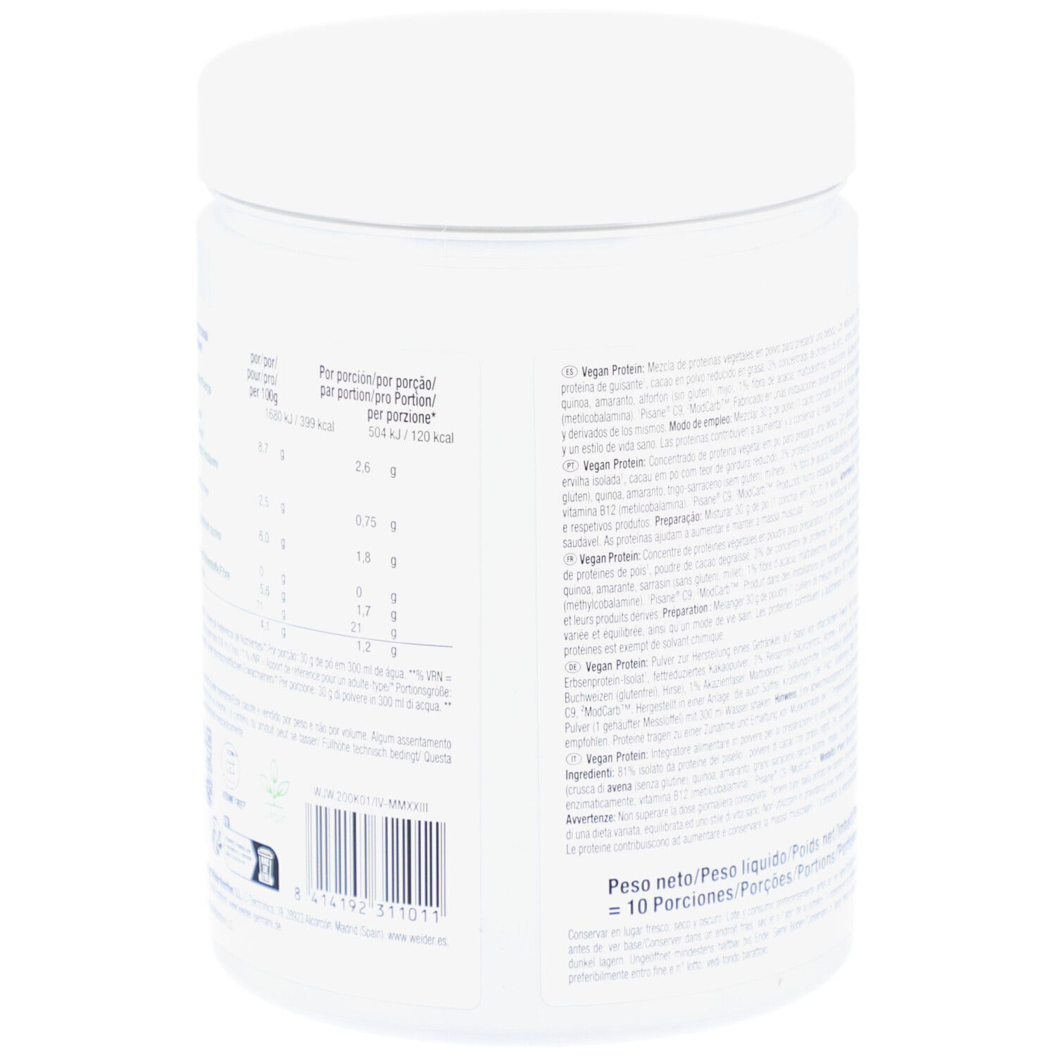 Rückseite der weißen Dose mit Vegan Protein. Tabellarische Nährwertangaben in mehreren Sprachen. QR-Code und weitere Informationen.