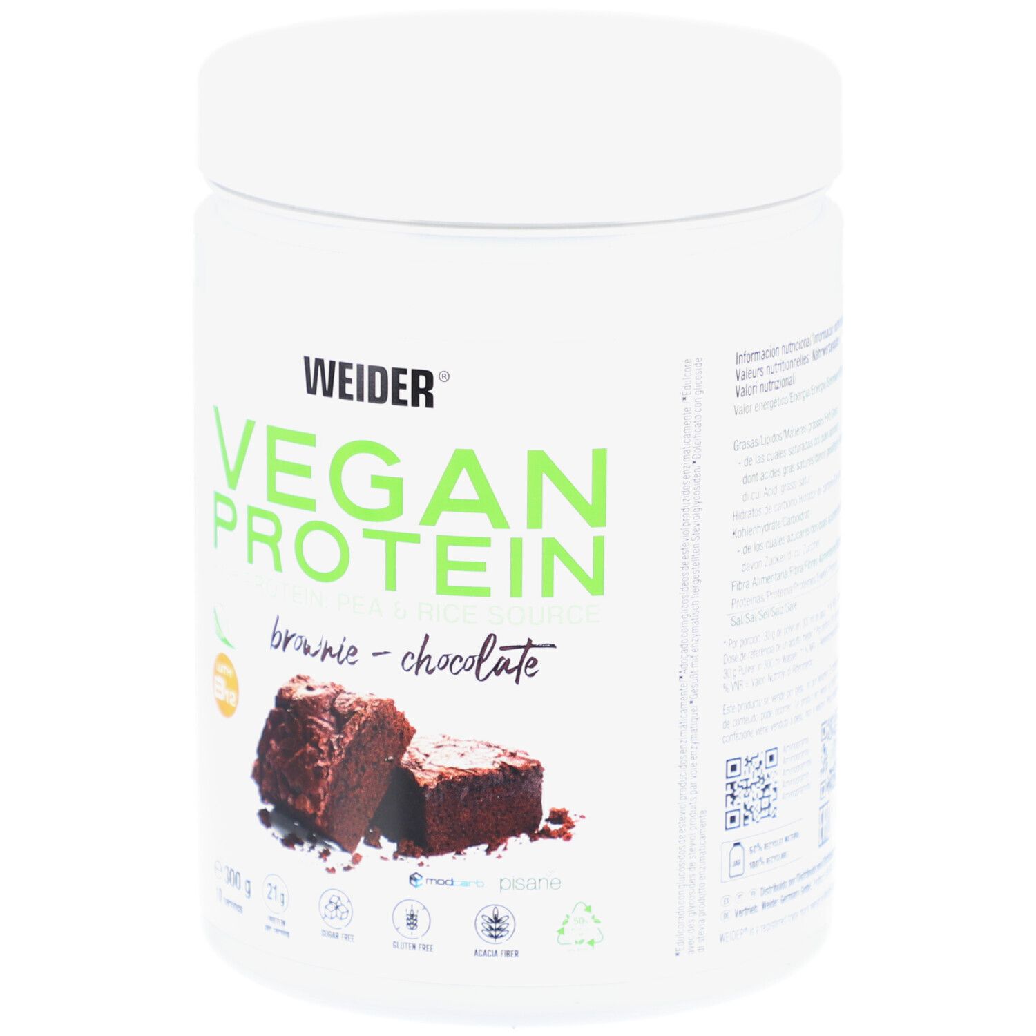Weiße Dose mit Vegan Protein. Aufschrift: Vegan Protein Brownie-Chocolate. Abbildung von Brownie-Stücken. Enthält Vitamin B12.
