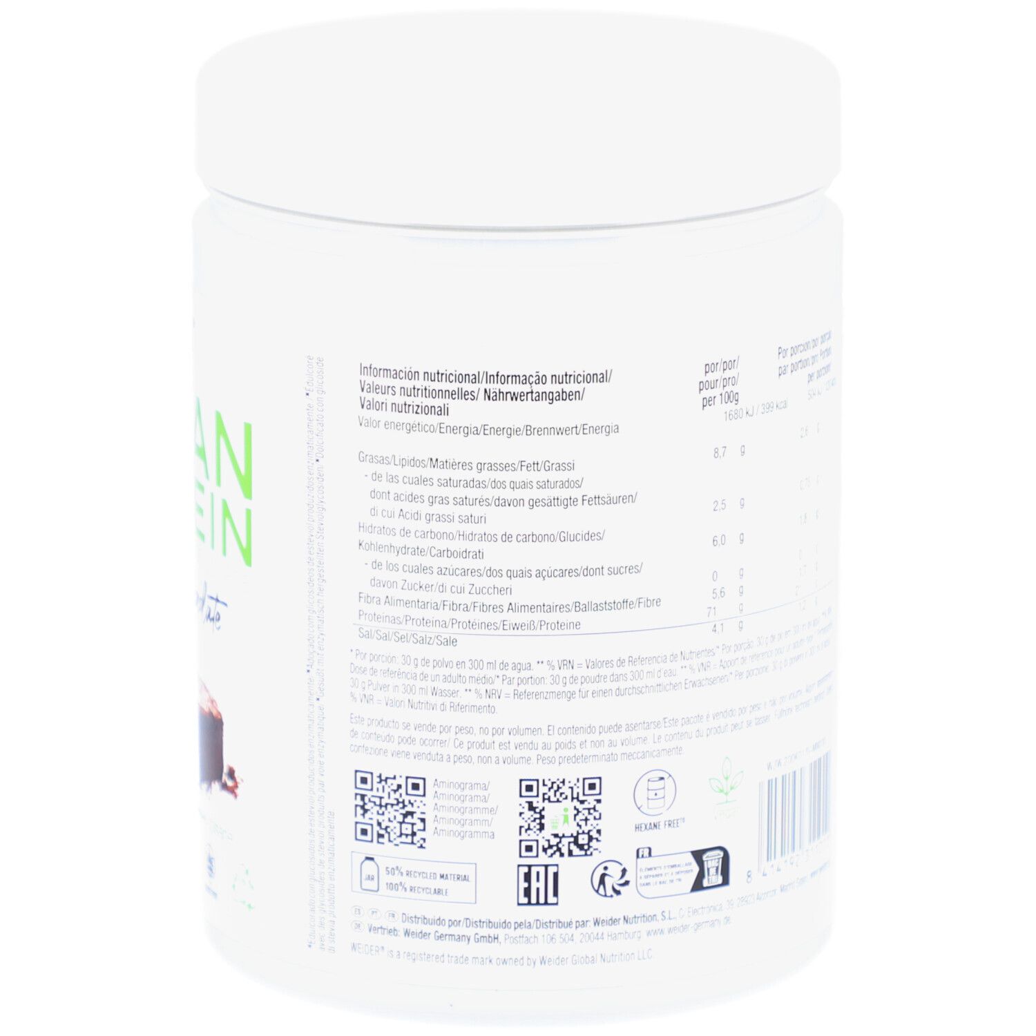 Rückseite der weißen Dose mit Vegan Protein. Tabellarische Nährwertangaben in mehreren Sprachen. QR-Code und weitere Informationen.