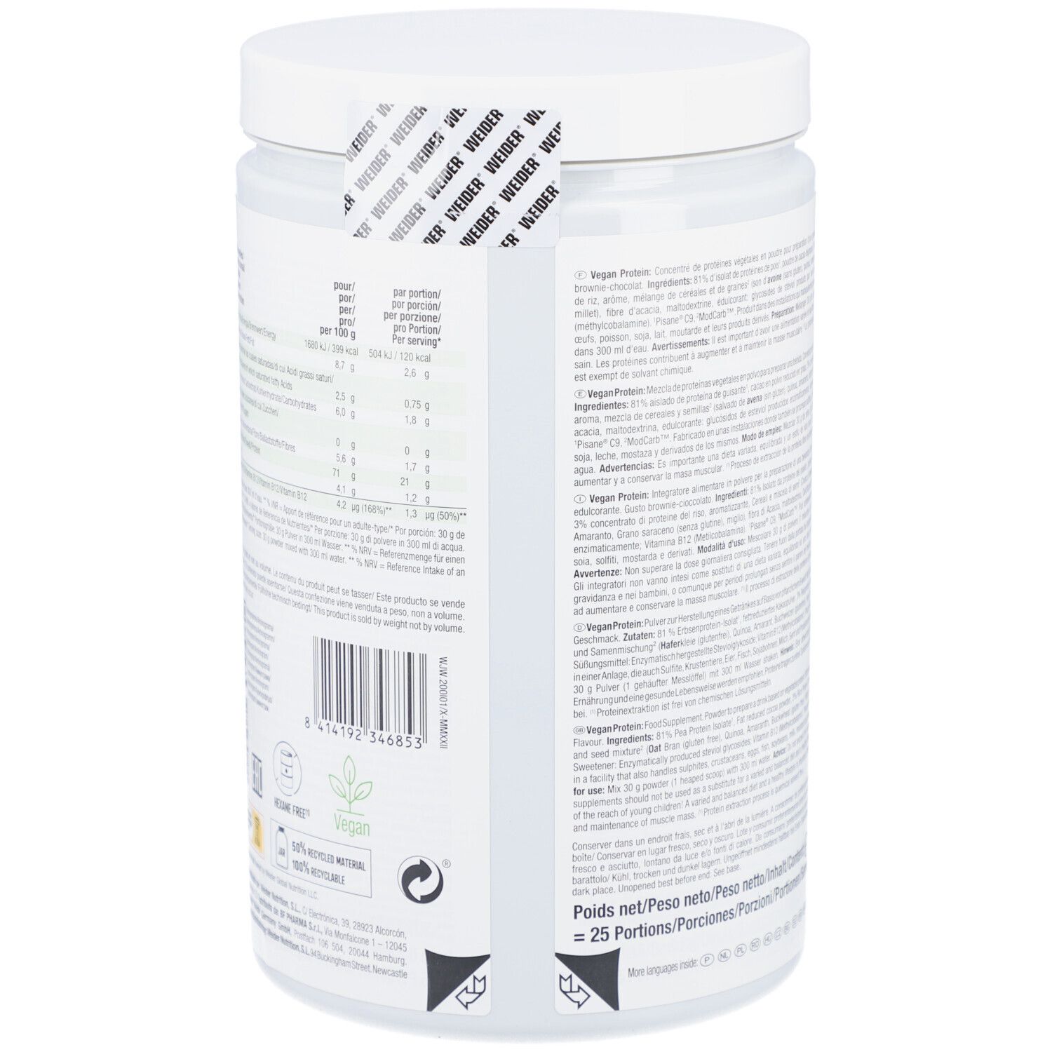 Weiße Dose, Rückseite mit Text und Barcode. Siegel mit Weider-Schriftzug. Enthält 25 Portionen.