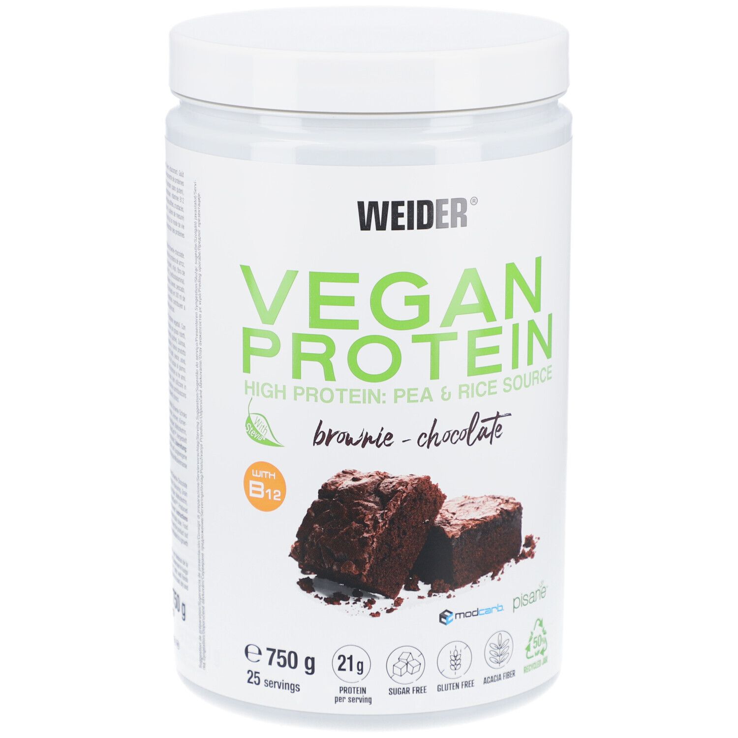 Weiße Dose mit Vegan Protein, Brownie-Geschmack. Enthält 750g. Abgebildet sind zwei Brownie-Stücke.