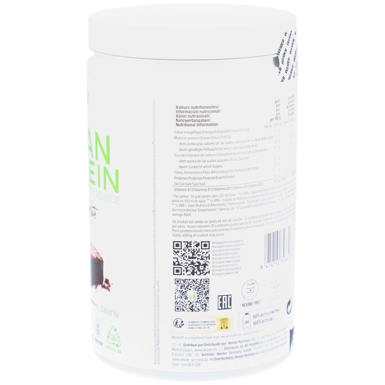 Weiße Dose, Rückseite mit Text. Enthält Informationen zu Inhaltsstoffen und Nährwerten. QR-Code.