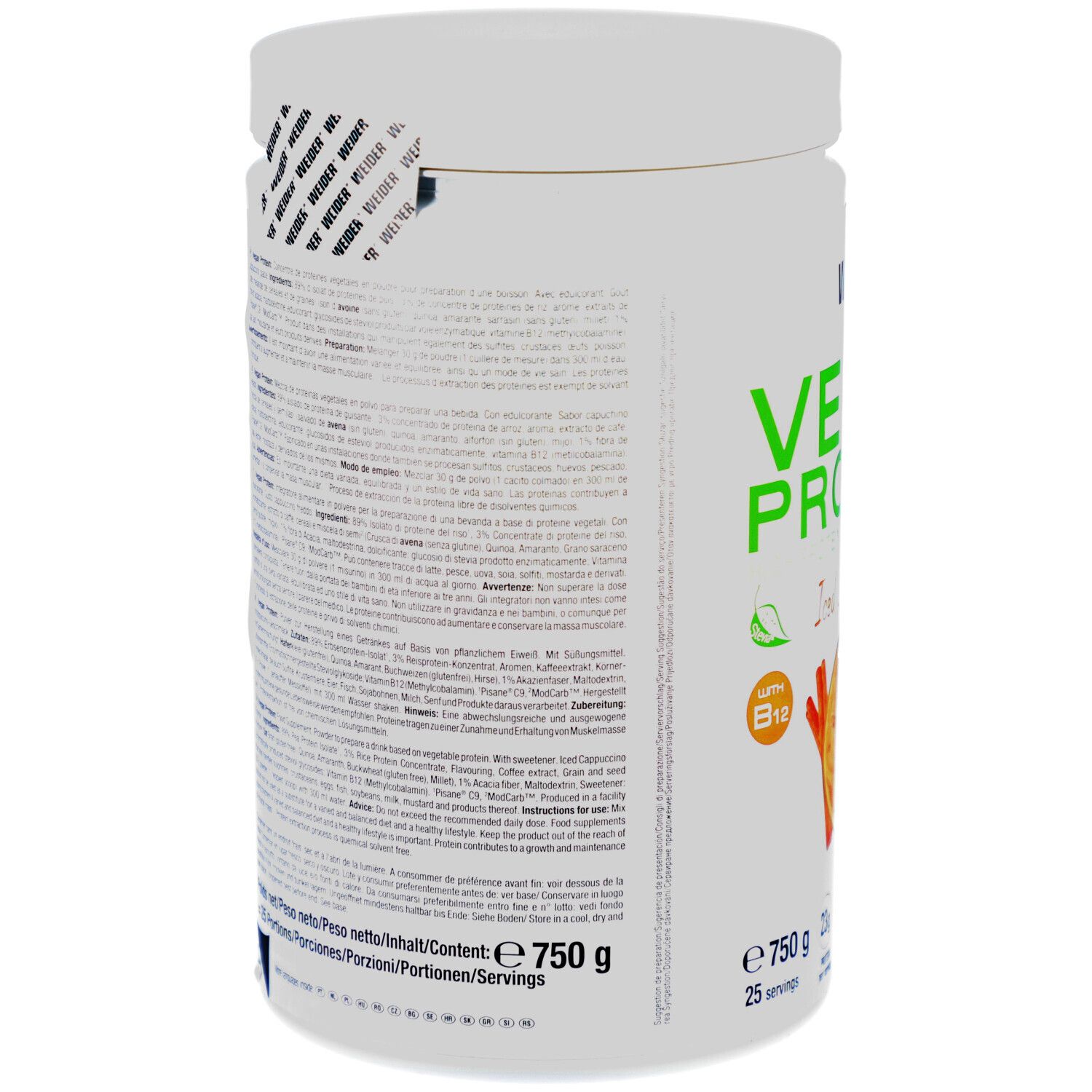 Weiße Dose mit Text. Siegel mit Weider-Logo. Enthält 750g. Text in mehreren Sprachen. Vegan Protein.