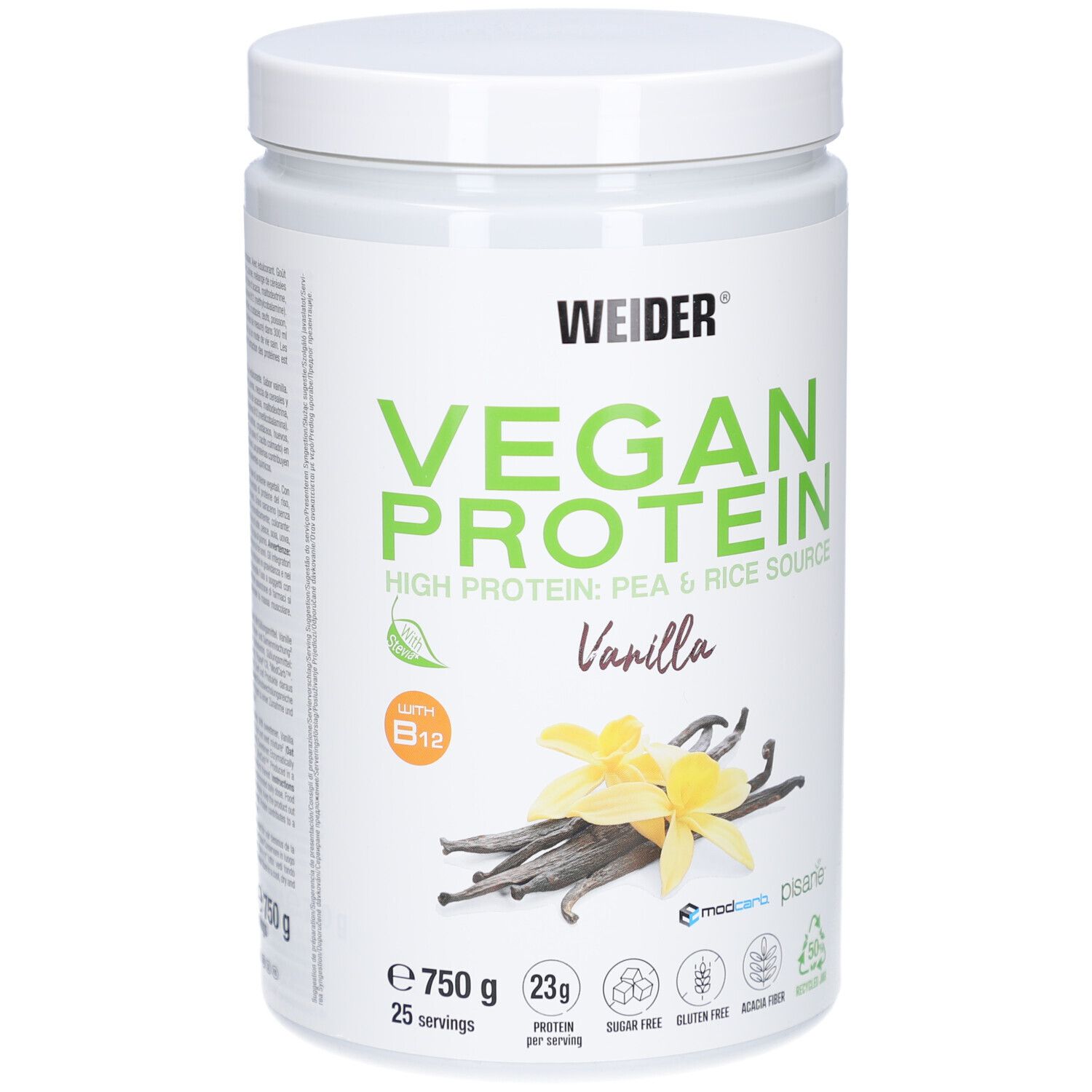 Weider Vegan Protein, Vanille-Geschmack, 750g Dose. Enthält Erbsen- und Reisprotein. Mit Vitamin B12. Abbildung von Vanilleblüten.