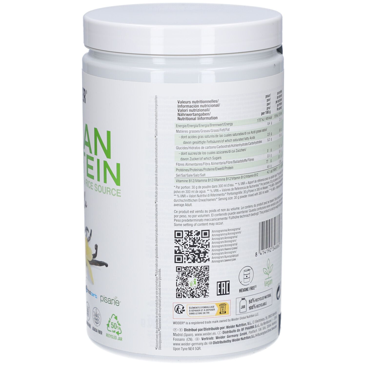 Weider Vegan Protein Dose, Rückseite. Nährwertangaben, QR-Code, Vegan-Siegel. Enthält 750g, 25 Portionen.