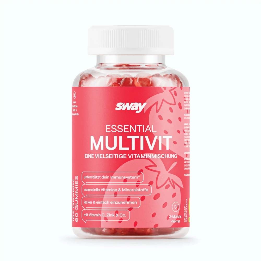 Rote Flasche mit sway Essential Multivit Gummies. Enthält eine vielseitige Vitaminmischung. Vegan.