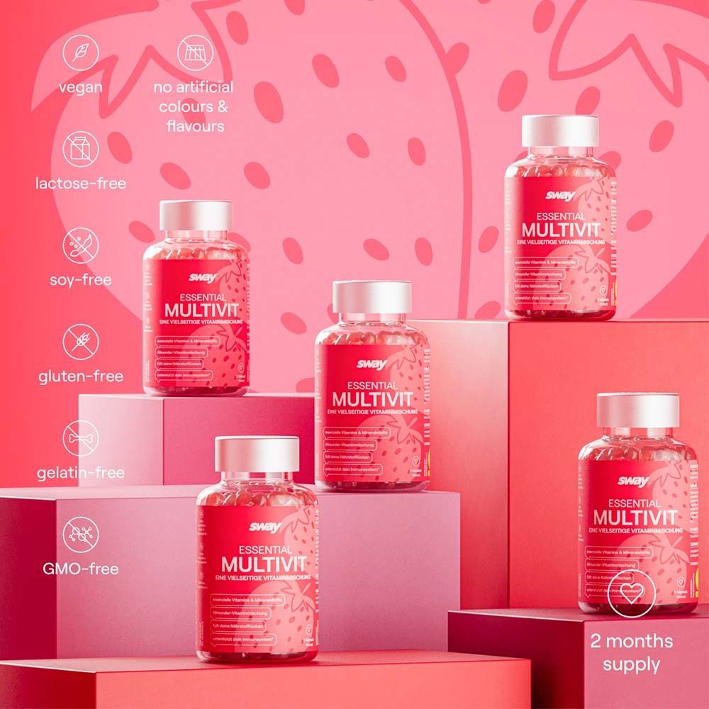 Fünf Flaschen sway Essential Multivit. Aufschrift: Essential Multivit. Vegan, laktosefrei, sojafrei, glutenfrei, gelatinefrei, GMO-frei.