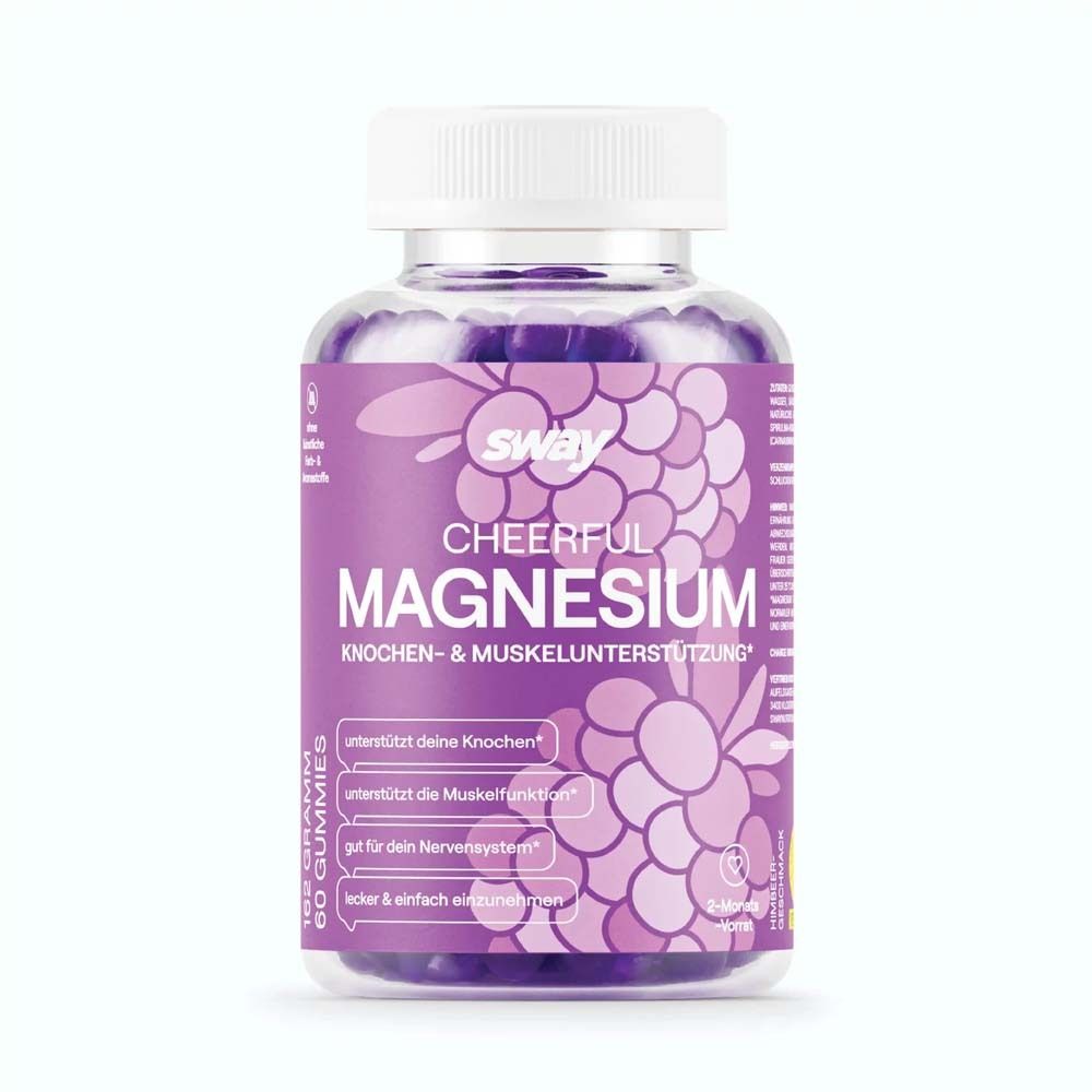 Eine Flasche "sway Cheerful Magnesium" Gummibärchen. Lila Etikett mit Produktnamen und Inhaltsstoffen. Weiße Kappe.
