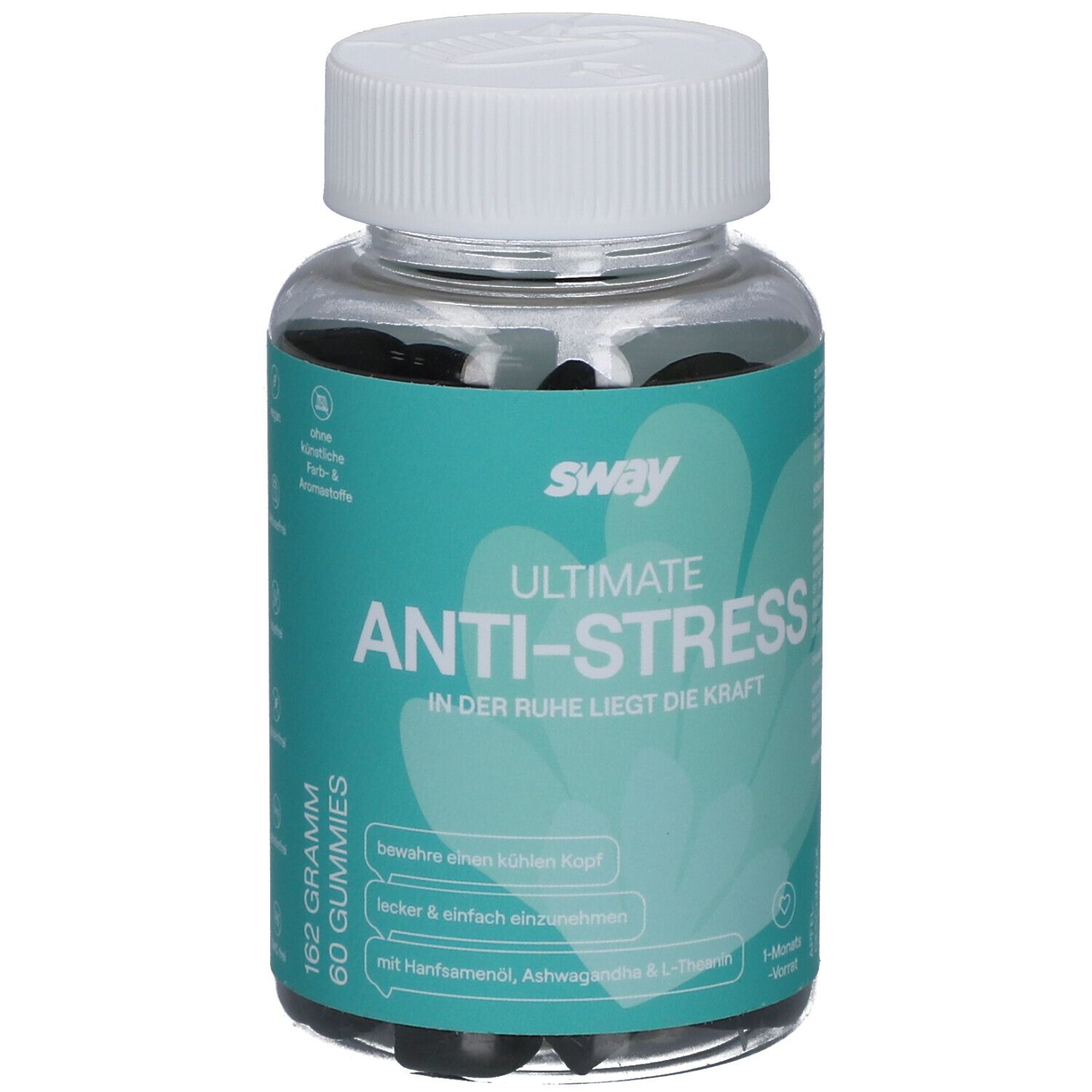 Klare Dose mit schwarzen Gummies. Aufschrift: sway ULTIMATE ANTI-STRESS. 162 Gramm, 60 Gummies.