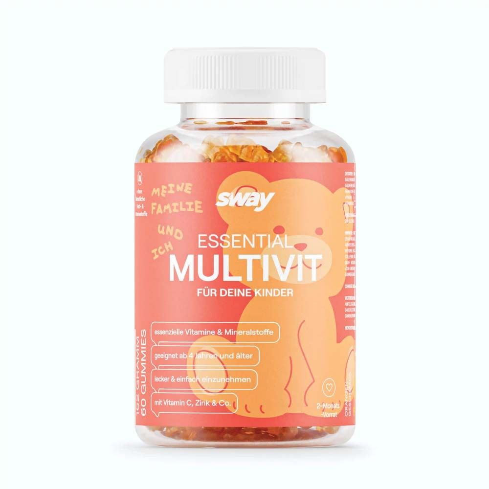 Klare Flasche mit roten Gummibärchen. Etikett mit "sway Essential Multivit" und Bär-Illustration. Deckel weiß.