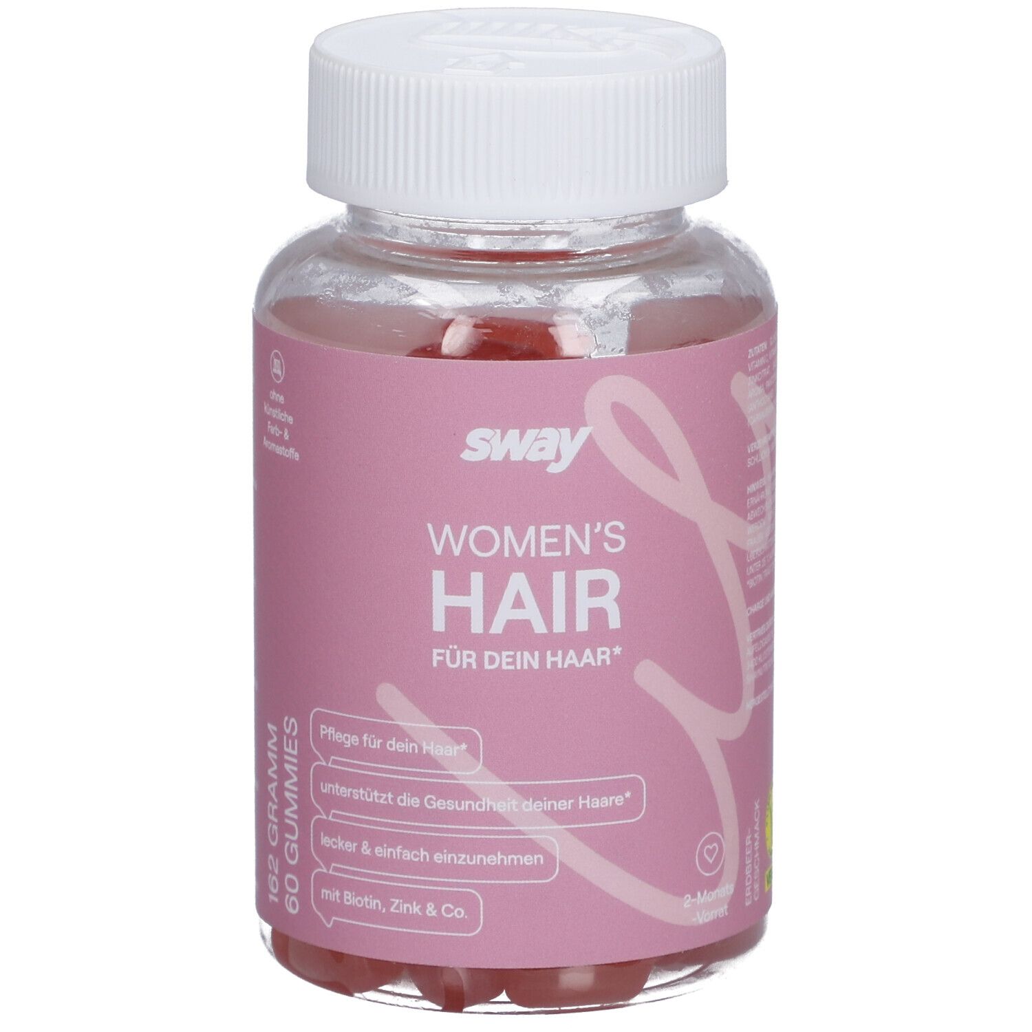 Klare Plastikflasche mit rosa Etikett. Aufschrift: sway Women's Hair. Enthält 60 Gummies. Vegan.