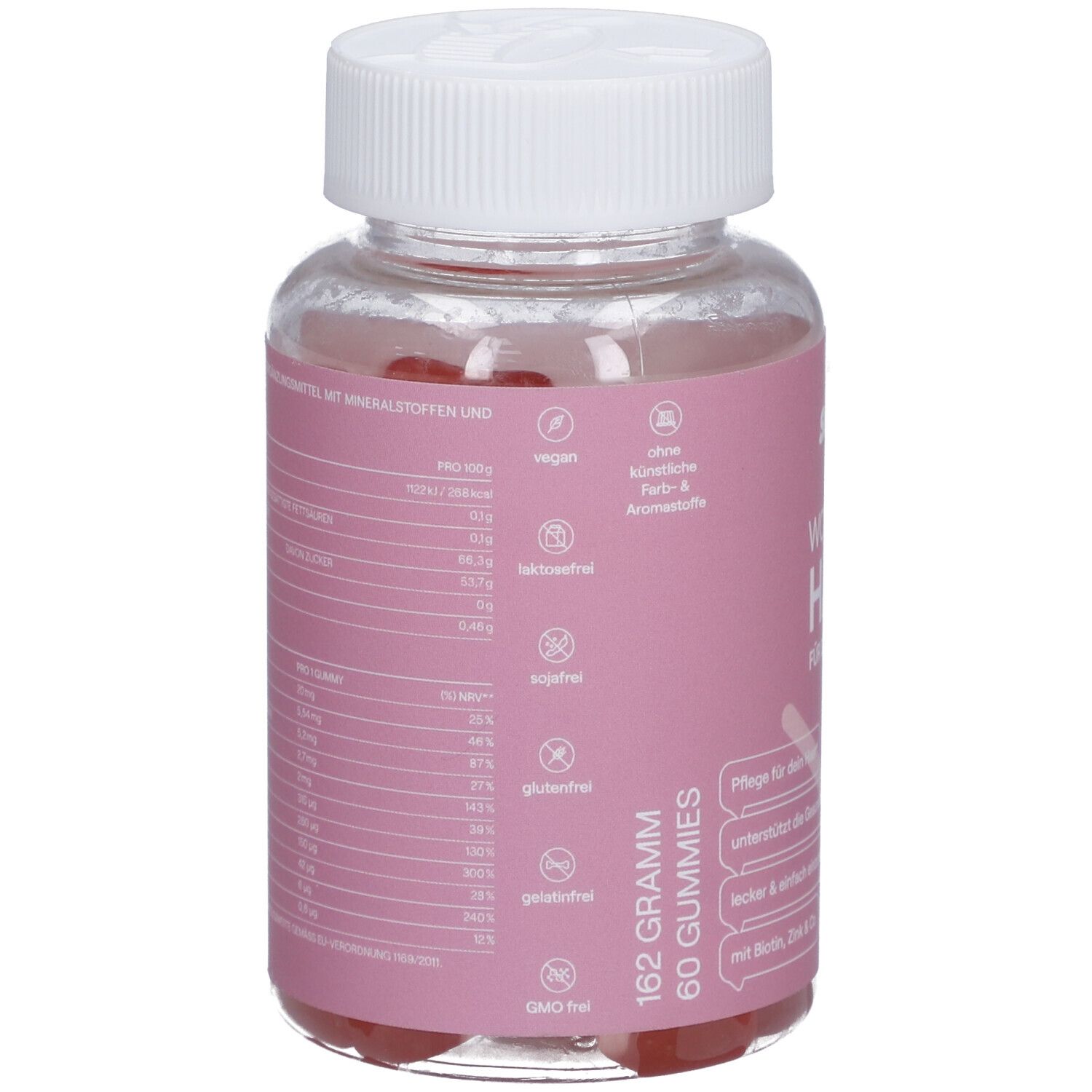 Rückseite der Flasche mit Inhaltsangaben. Enthält Informationen zu Nährwerten, Inhaltsstoffen und Zertifizierungen.