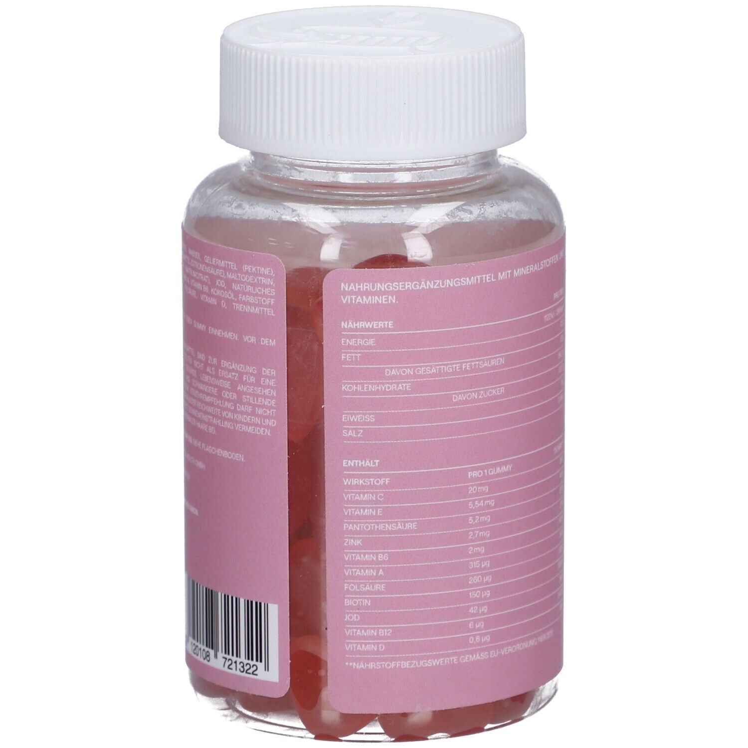 Rückseite der Flasche mit Nährwerttabelle. Enthält Informationen zu Vitaminen und Mineralstoffen.