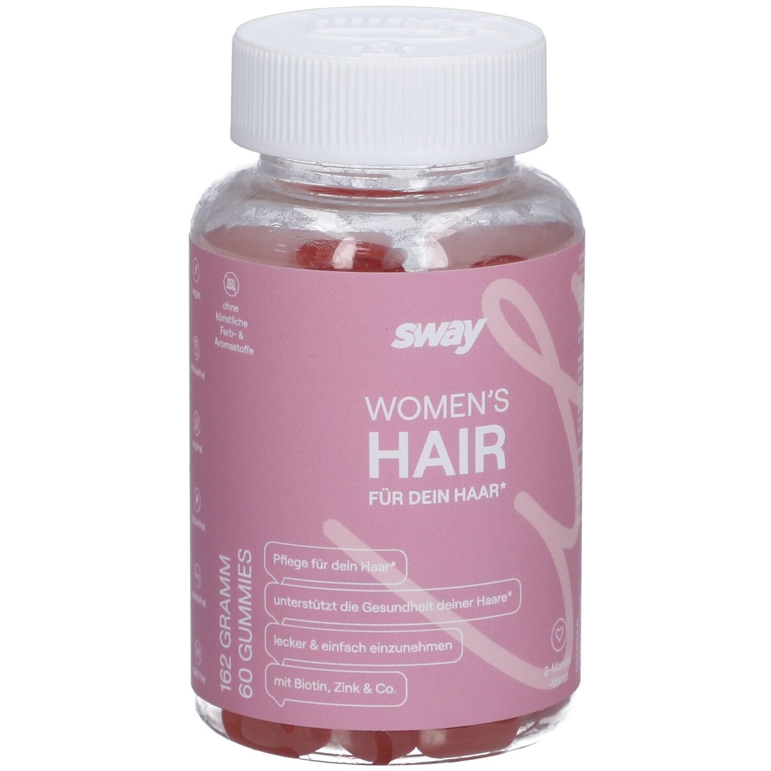 Klare Plastikflasche mit rosa Etikett. Aufschrift: sway Women's Hair. Enthält 60 Gummies. Vegan.