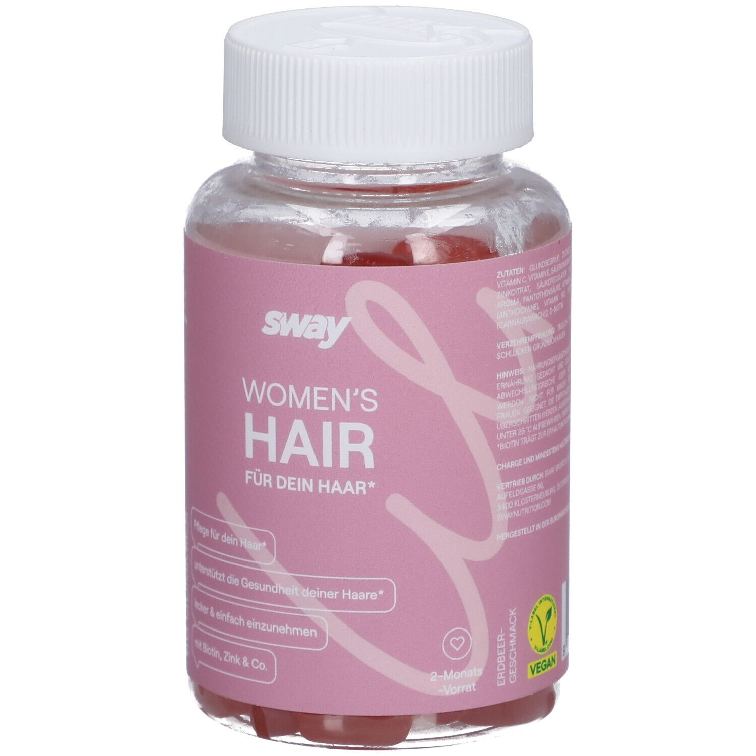 Klare Plastikflasche mit rosa Etikett. Aufschrift: sway Women's Hair. Enthält 60 Gummies. Vegan.