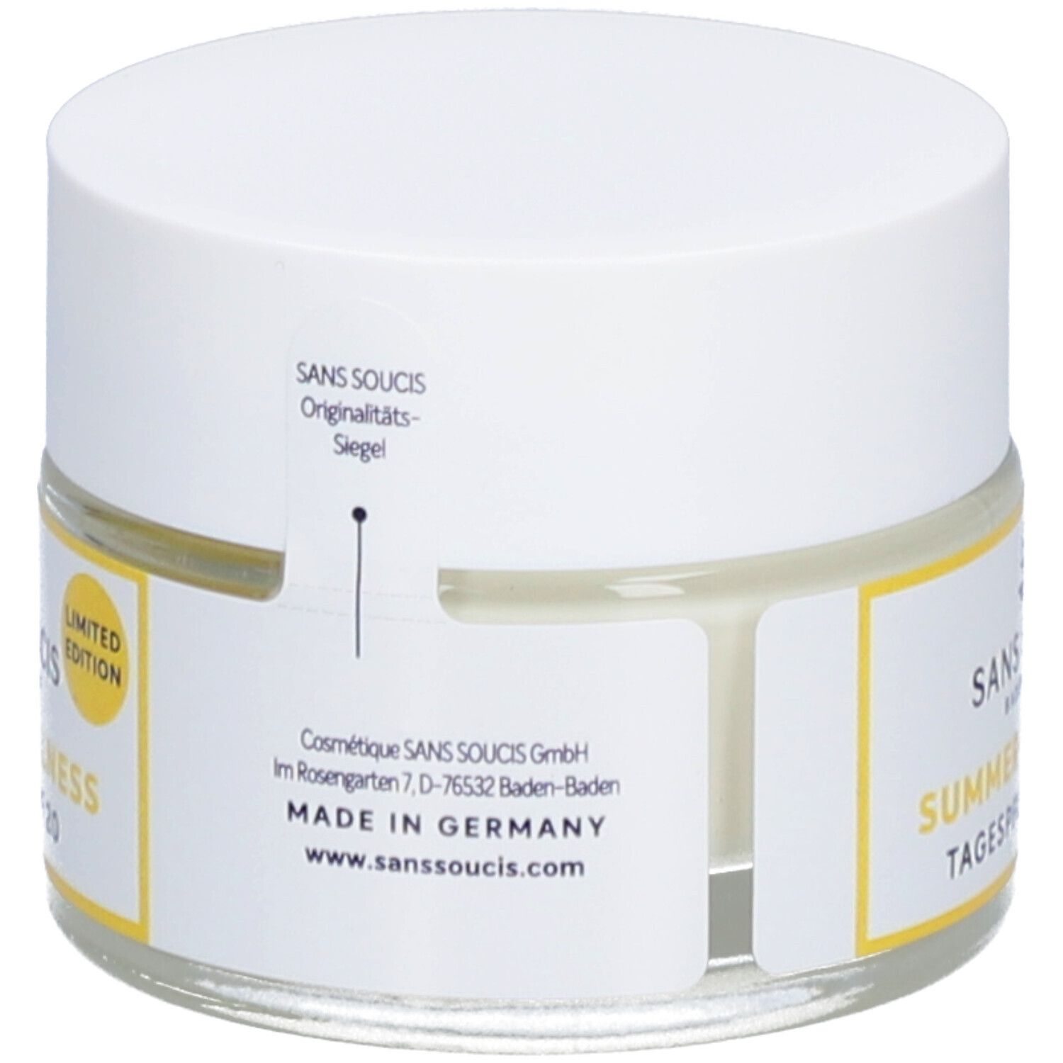 Rückseite des Creme-Glases. Aufkleber mit Produktinformationen und Herkunft. Originalitäts-Siegel.