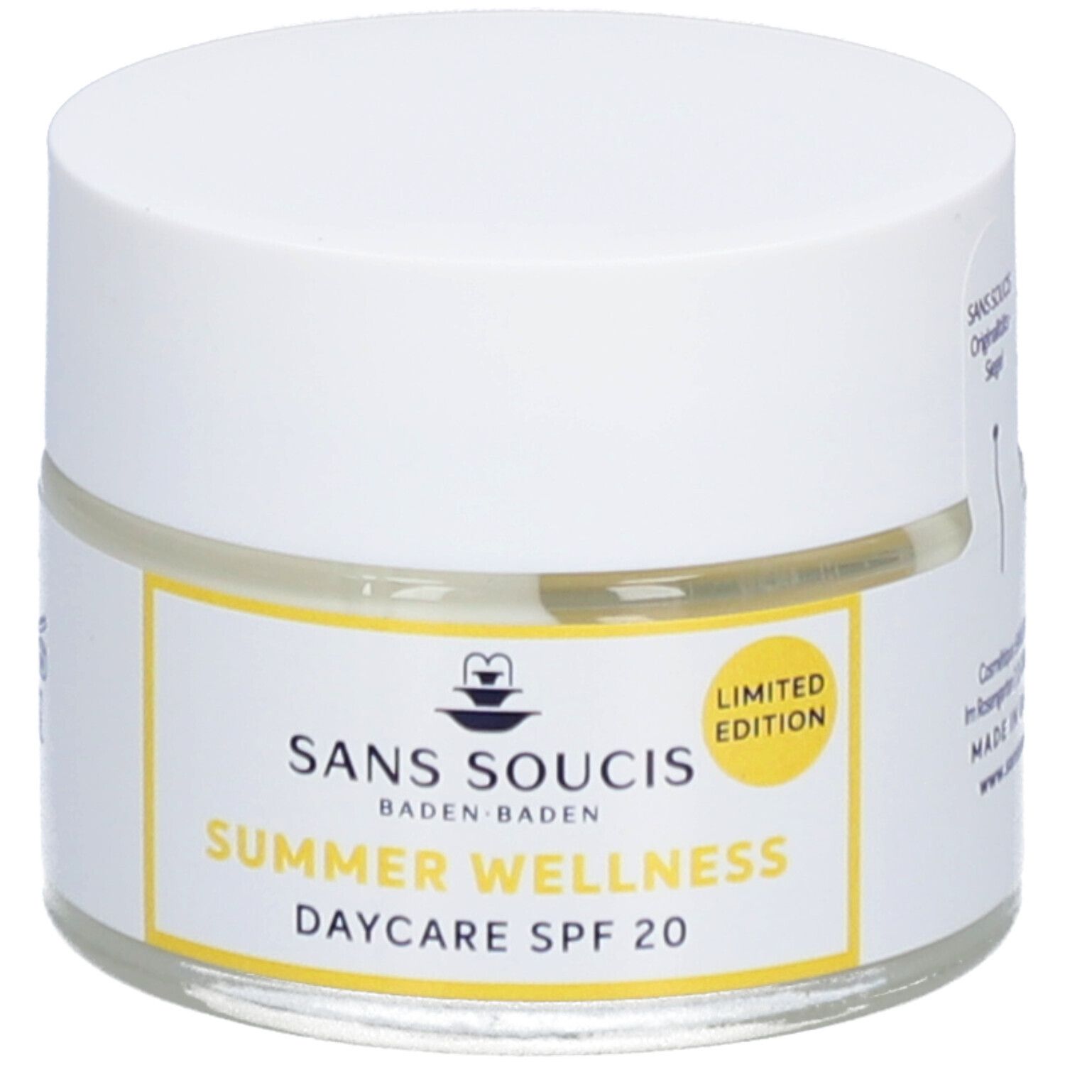 Creme-Glas mit weißem Deckel. Aufkleber mit Produktnamen und SPF 20. Limited Edition.
