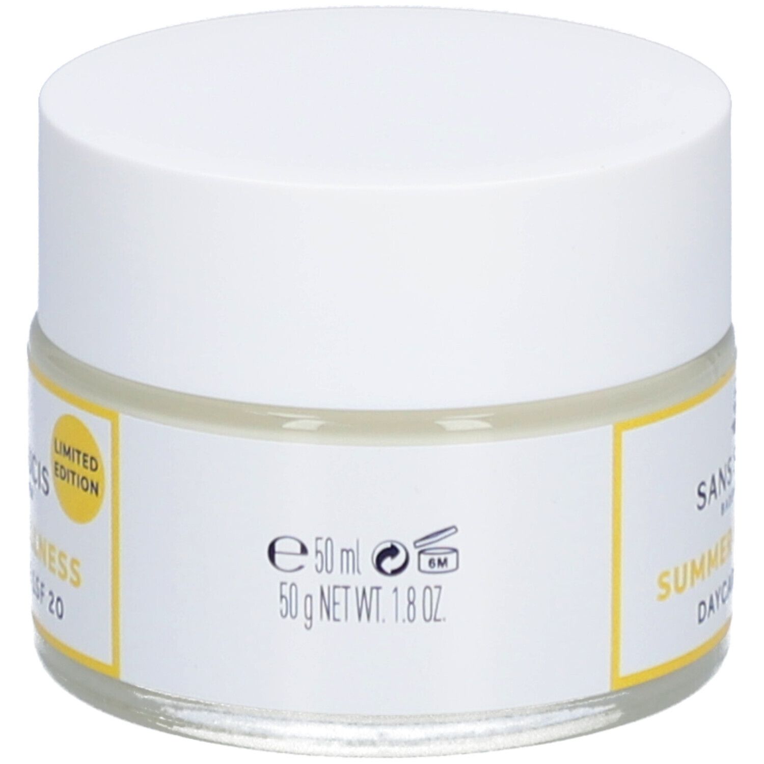 Creme-Glas mit weißem Deckel. Aufkleber mit Produktinformationen. 50 ml, 50 g.