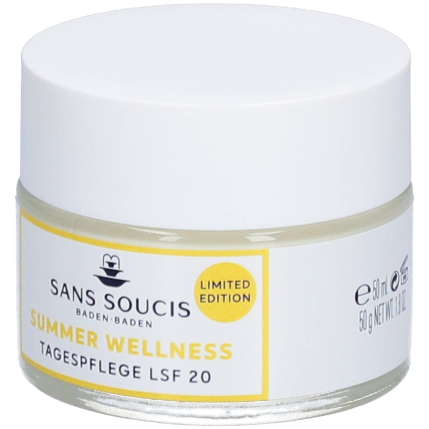 Creme-Glas mit weißem Deckel. Aufkleber mit Produktnamen und LSF 20. Limited Edition.