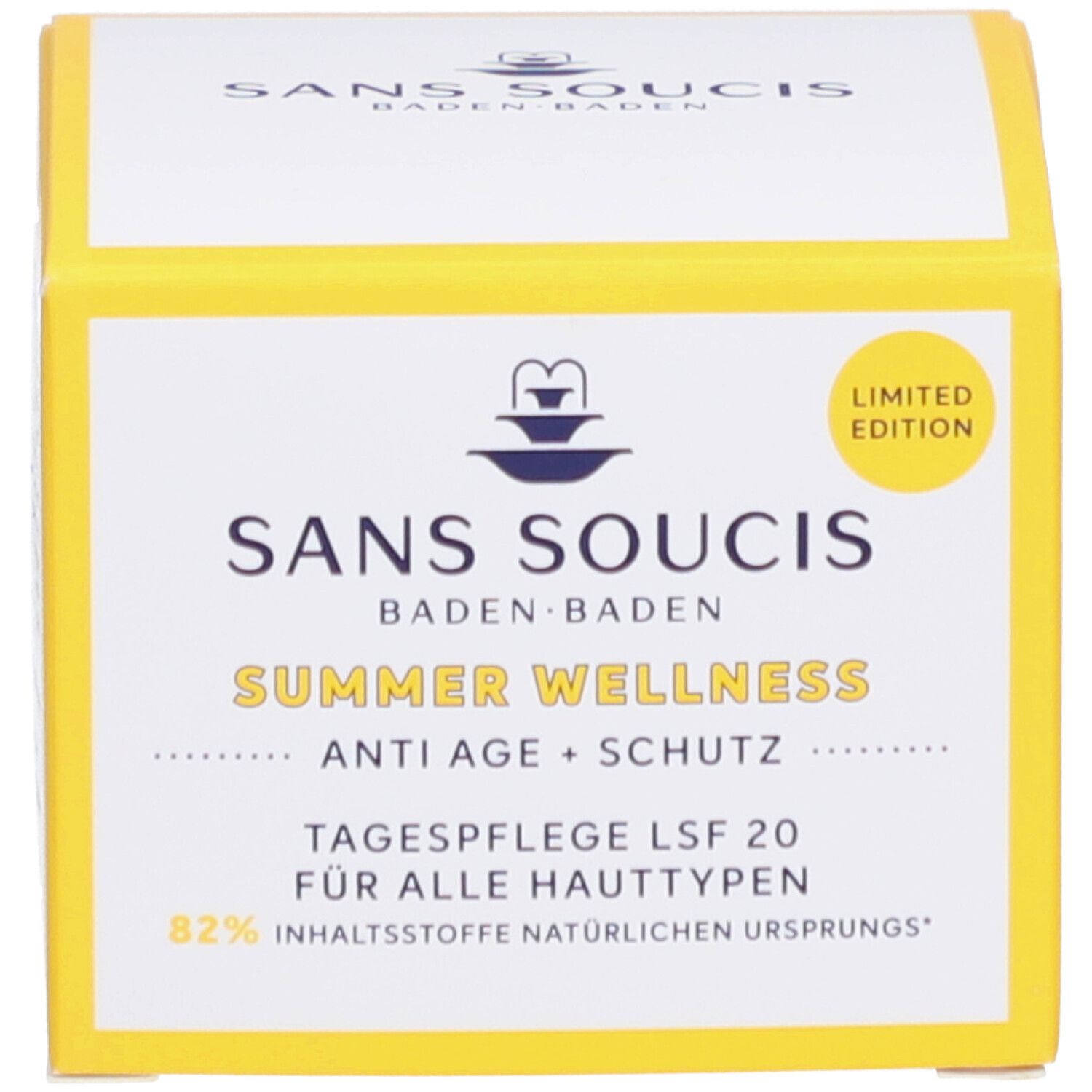 Verpackung. Aufdruck: Produktname, LSF 20, Anti Age + Schutz. Limited Edition. 82% natürliche Inhaltsstoffe.