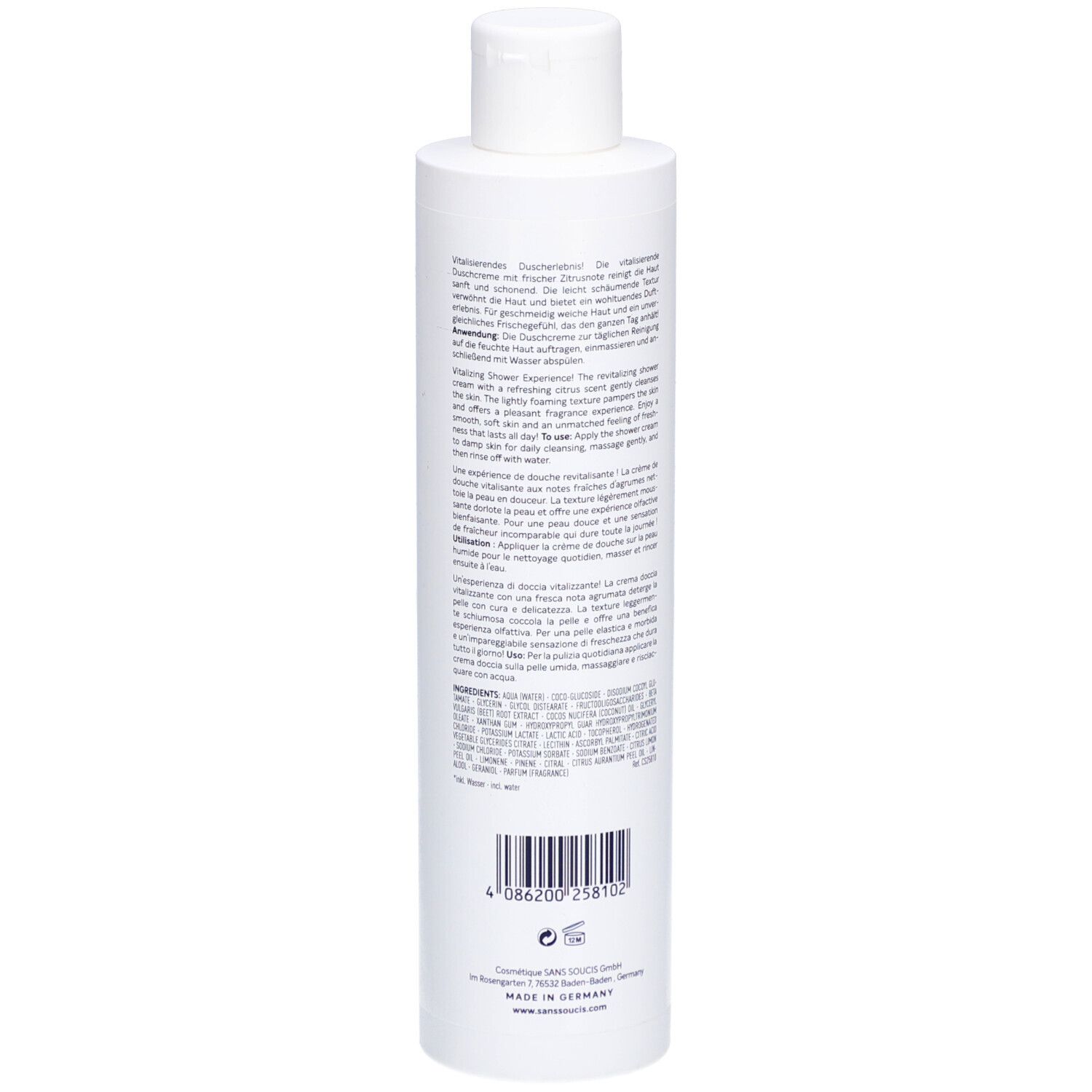 Rückseite einer weißen Flasche. Text in Deutsch, Englisch, und Französisch. Barcode und Herstellerinformationen.