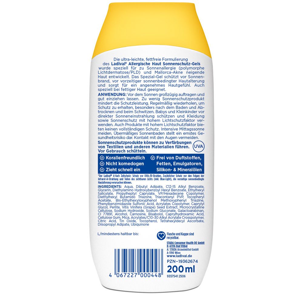 Rückseite einer Ladival® Allergische Haut Sonnenschutz-Gel Flasche. Text in deutscher Sprache. Inhaltsstoffe und Anwendungshinweise.